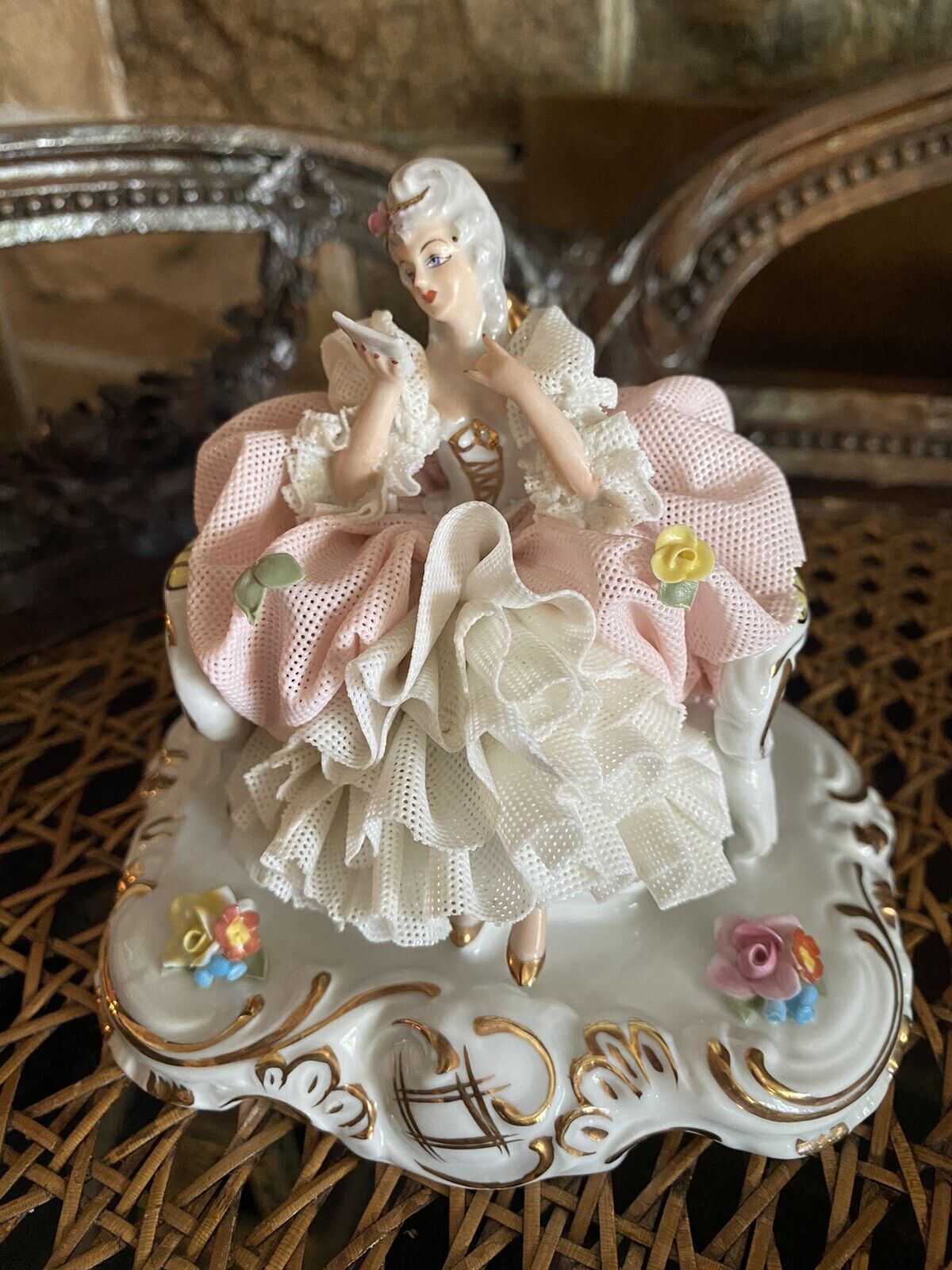 Antique Dresden Statue Victorian Lady In Pink&white Lace Porcelain Figurine Germ