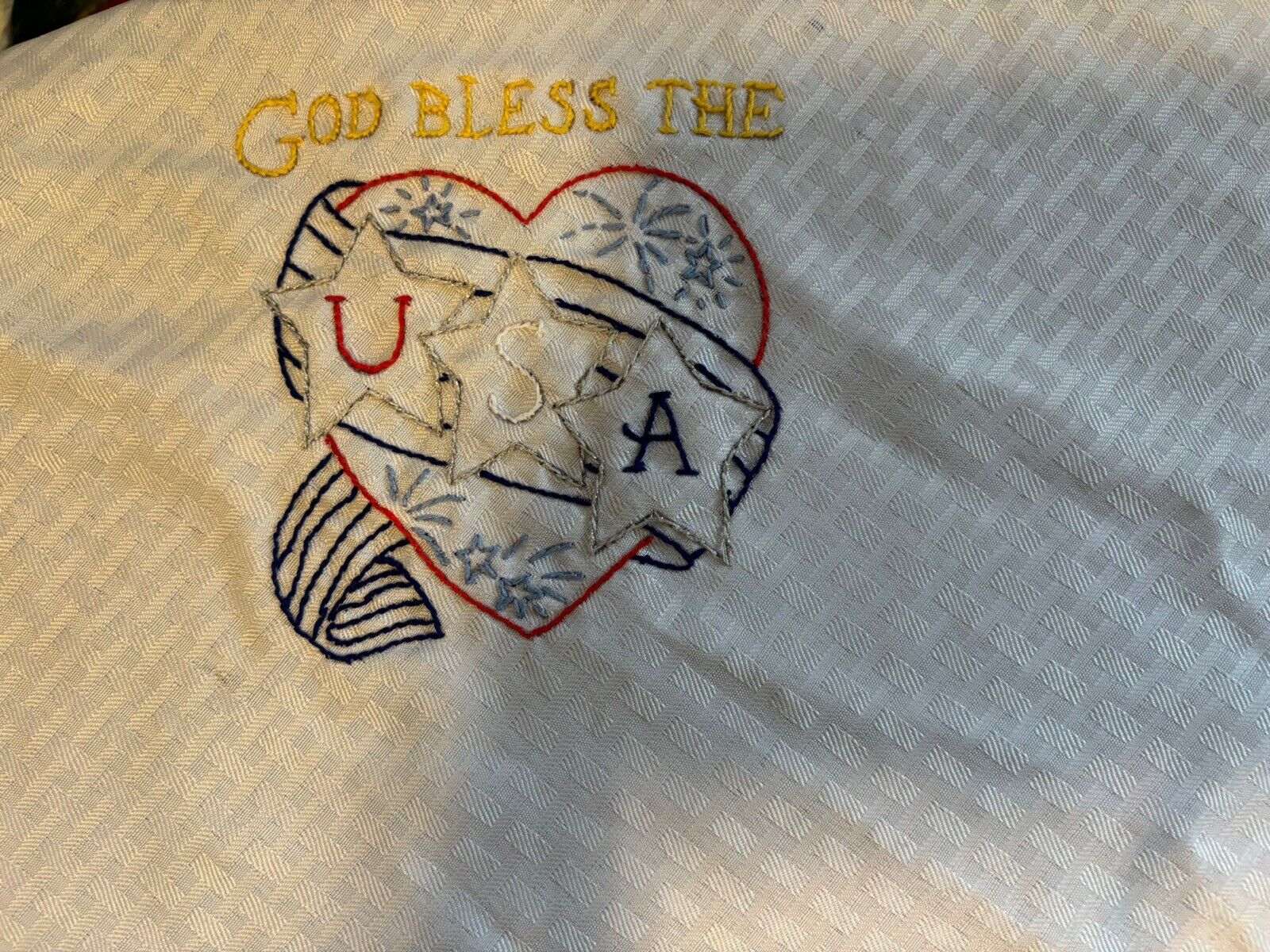 hand embroidered tablecloth GOD BLESS AMERICA 52”x70”