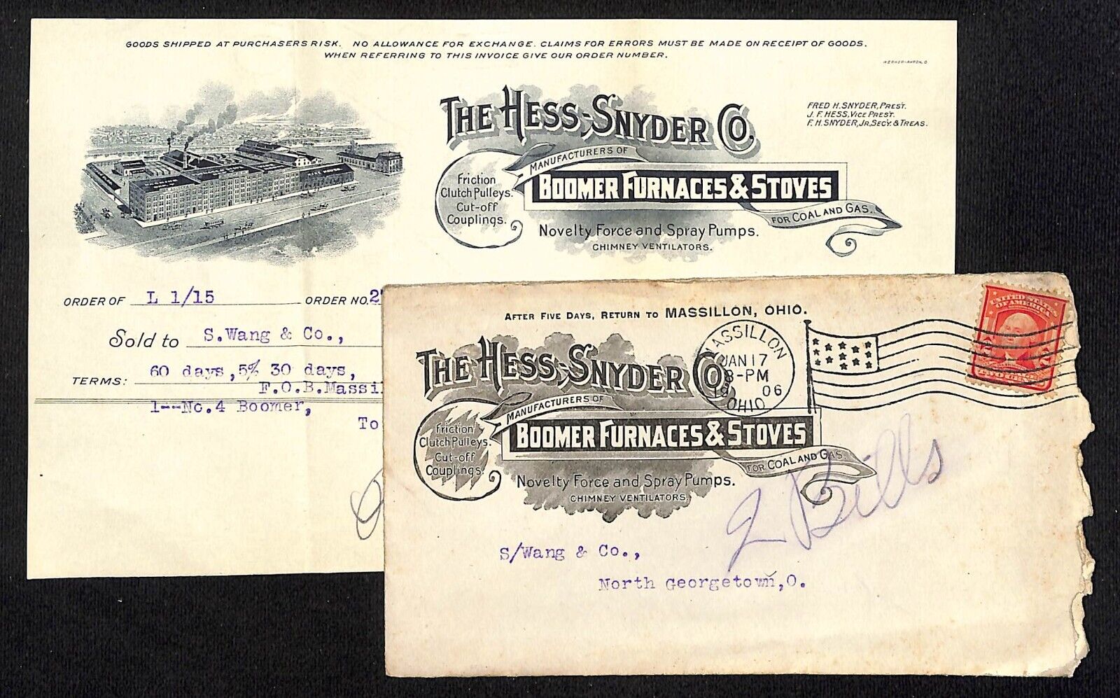 The Hess-Snyder Massillon Samuel Wang * N. Georgetown 1906 Billhead & Cover