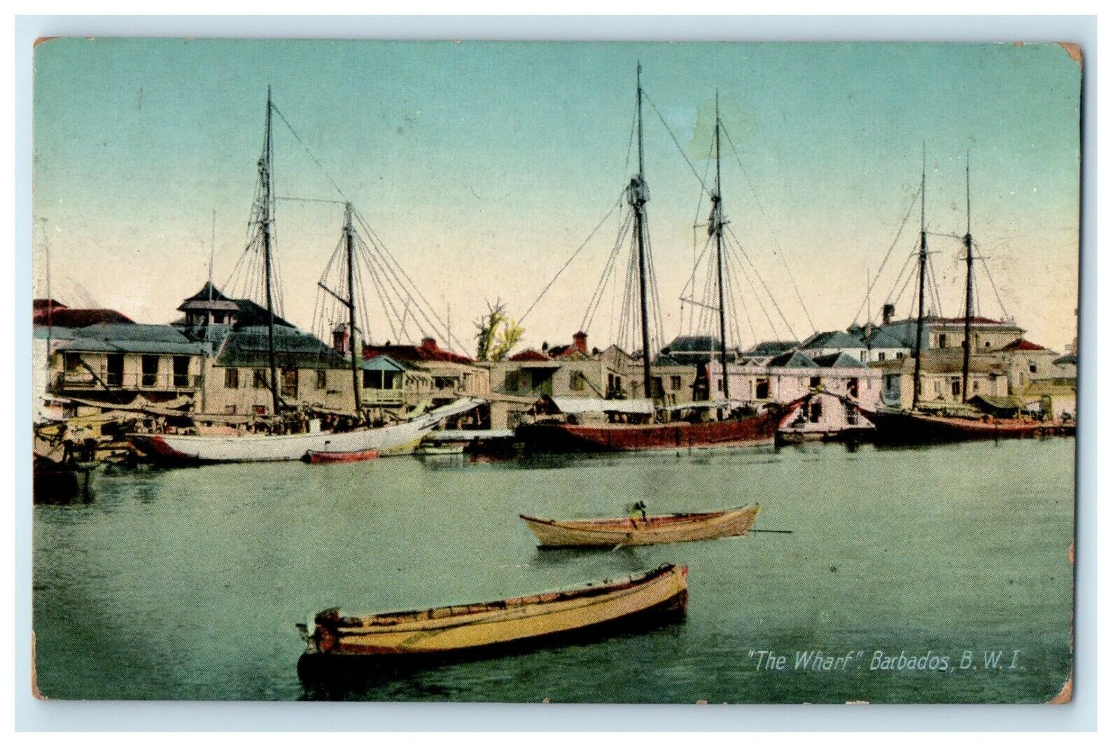 c1910\'s View Of The Wharf Barbados B.W.I. Canoe Boat Posted Antique Postcard