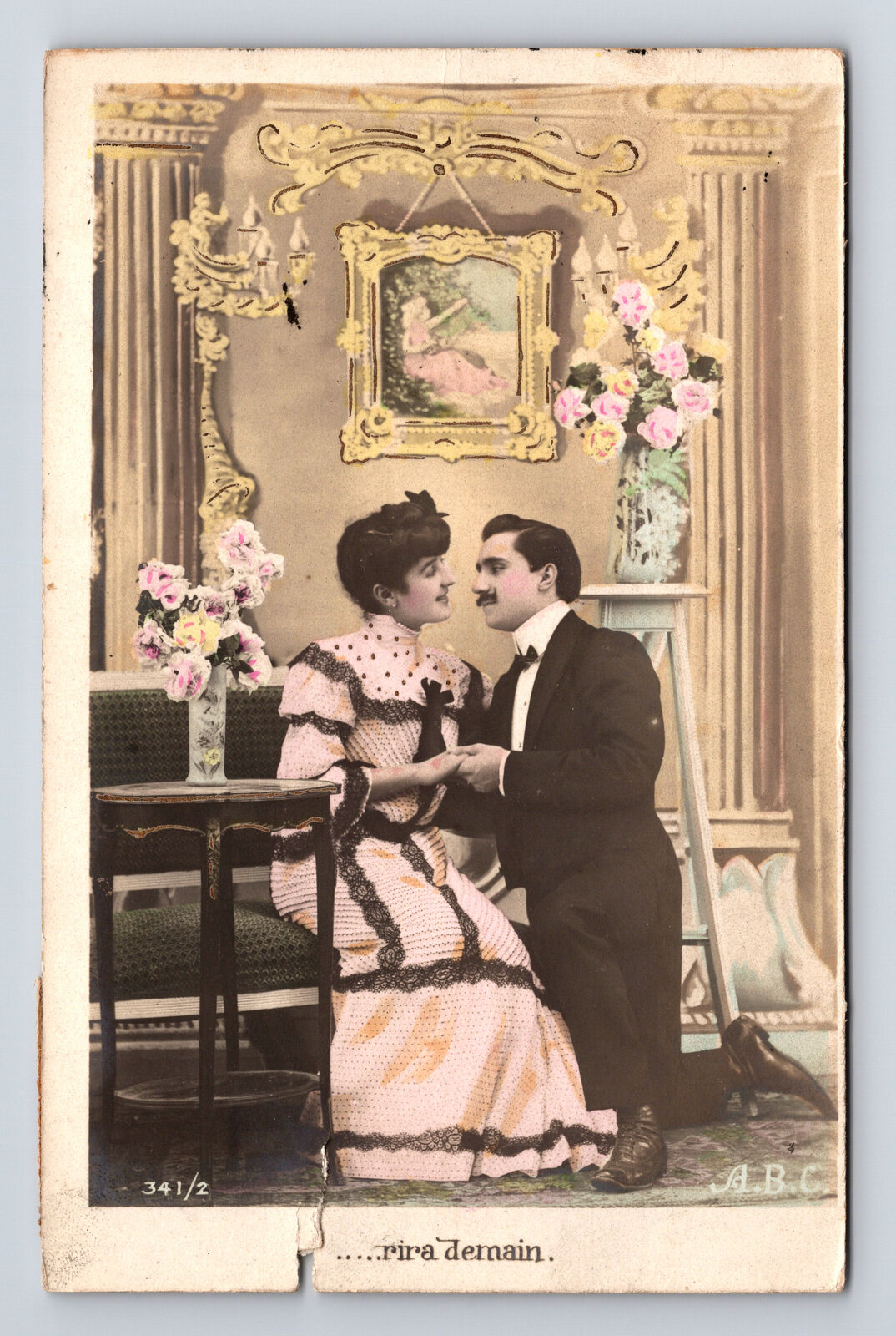 c1906 RPPC French Hand Colored Portrait of Man & Woman Kissing ABC Postcard