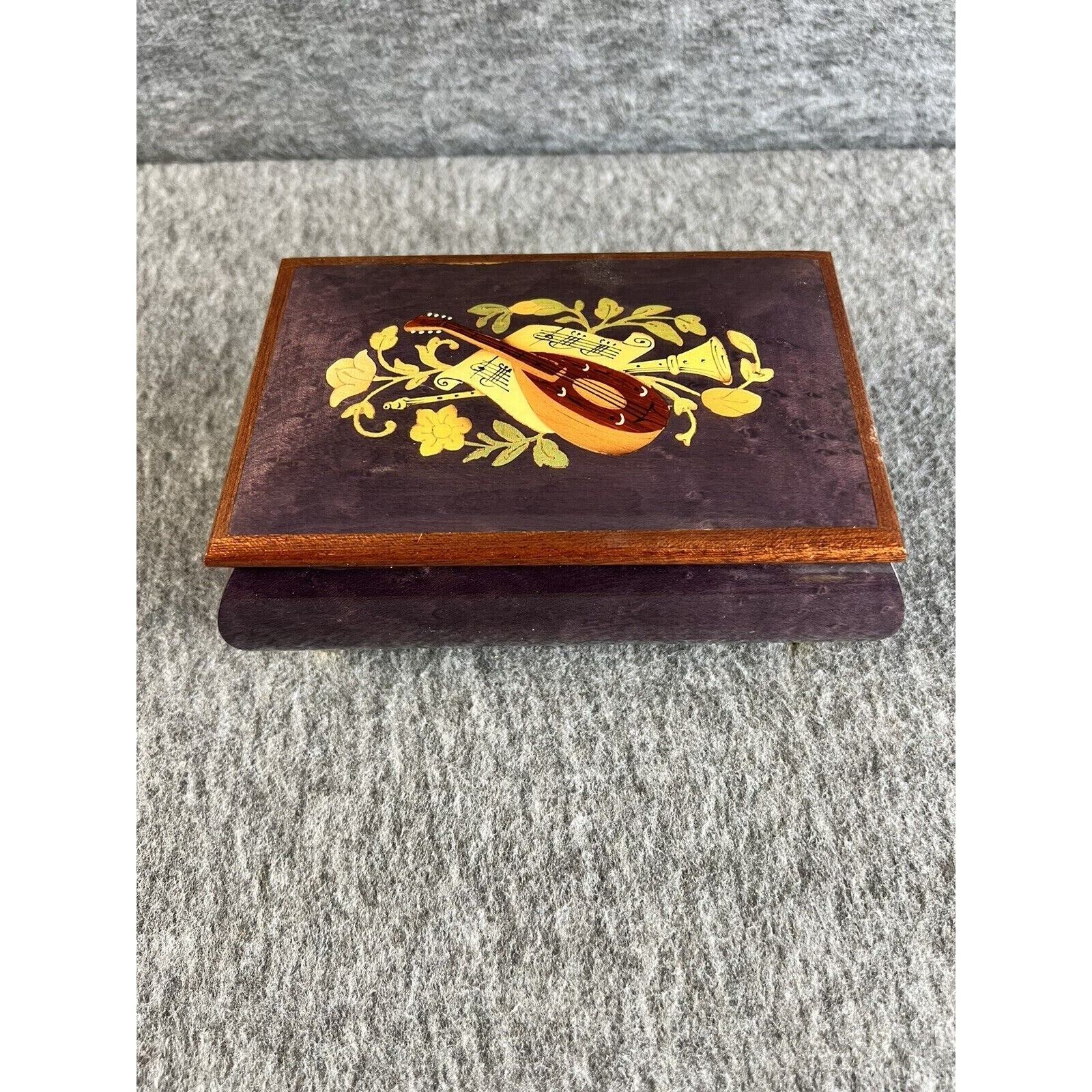 NEW Music Jewelry Box Vintage Italian Wood Inlay Footed with Musical Instrument