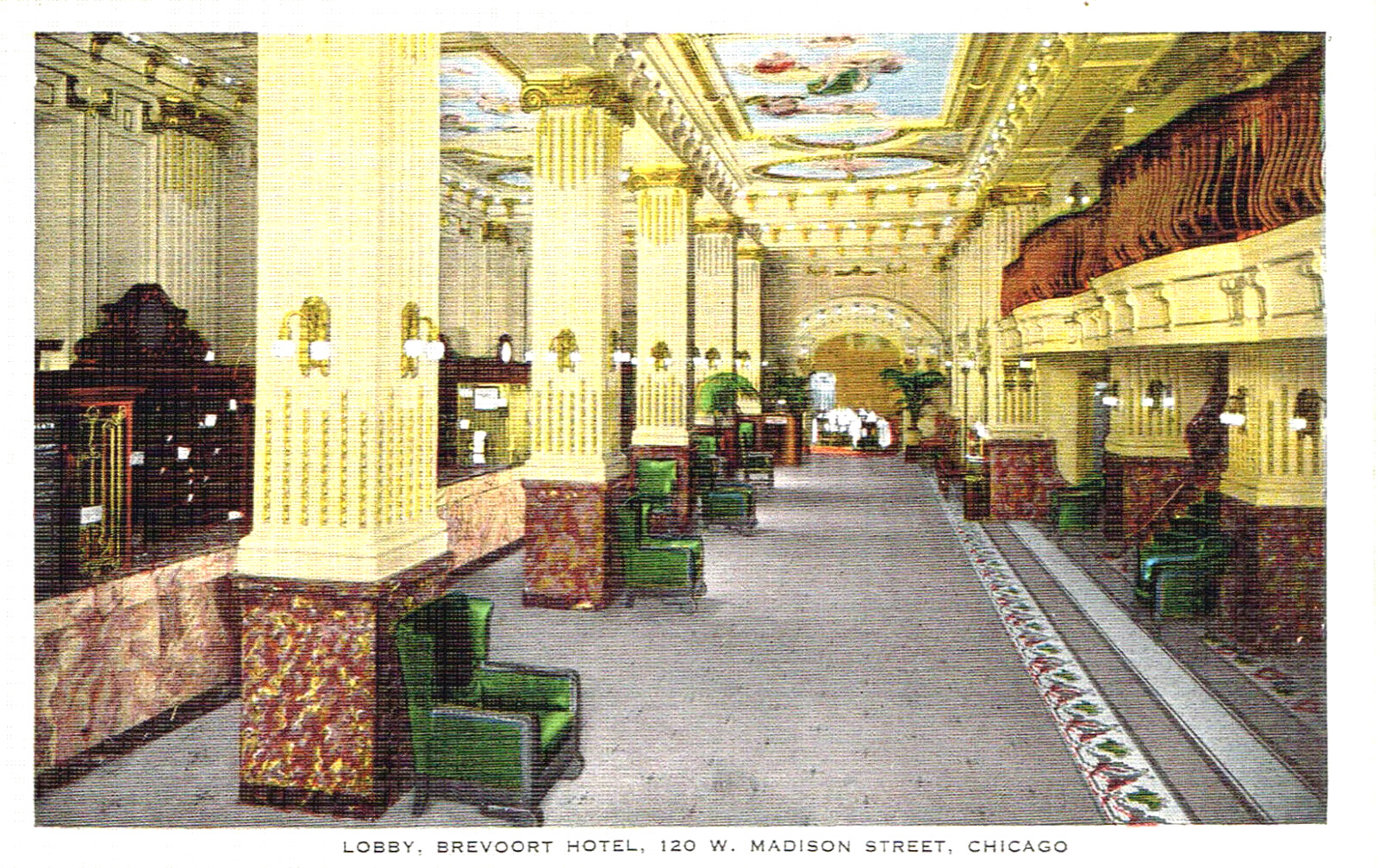 Vintage Brevoort Hotel Lobby Postcard Madison Street Chicago Illinois New