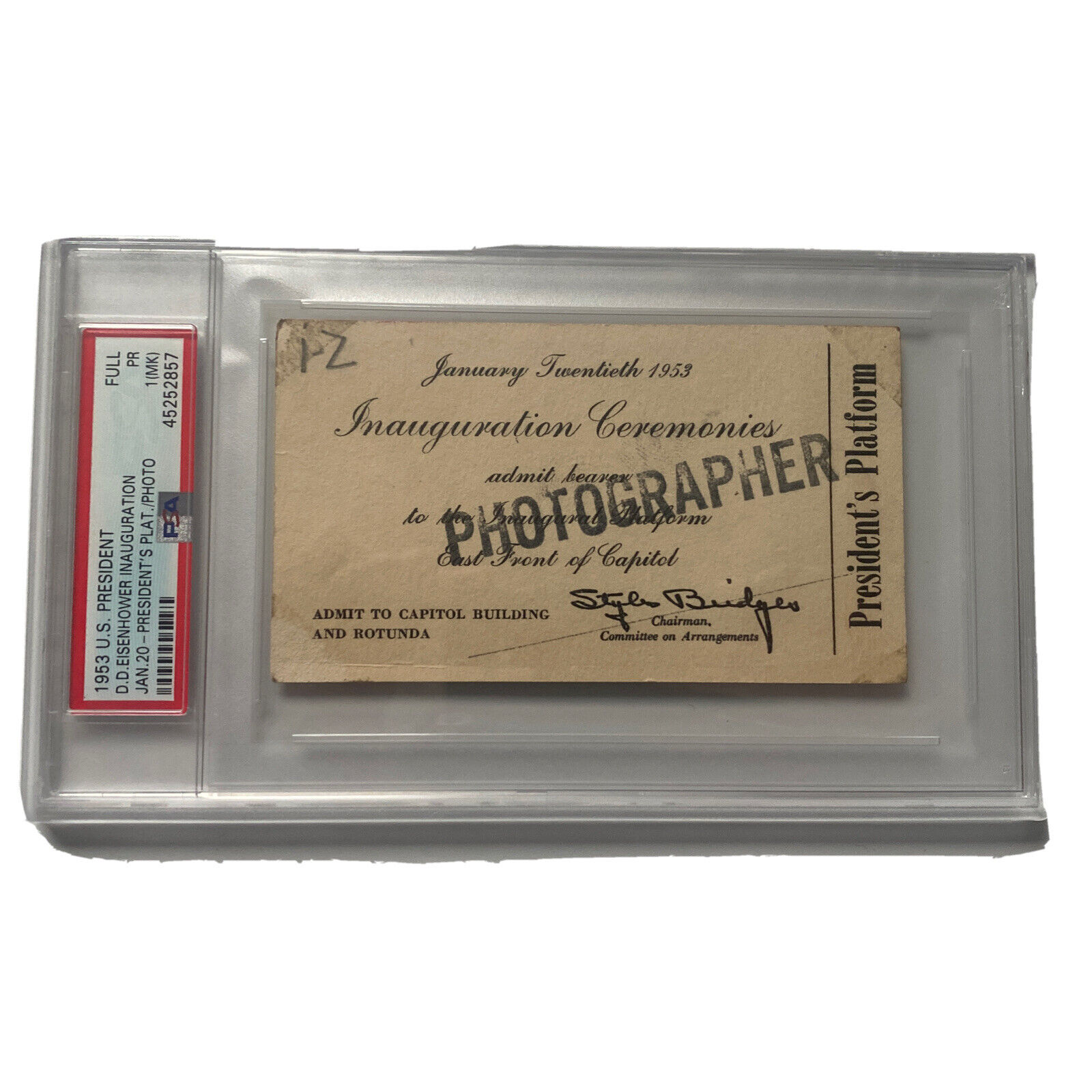 1953 President Dwight Eisenhower Inauguration President\'s Platform Ticket PSA