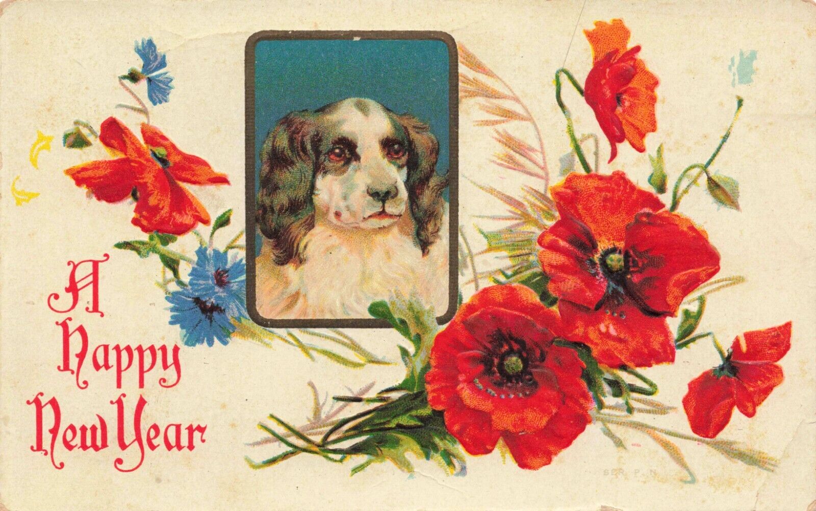 Postcard A Happy New Year Dog Flowers Greeting Embossed