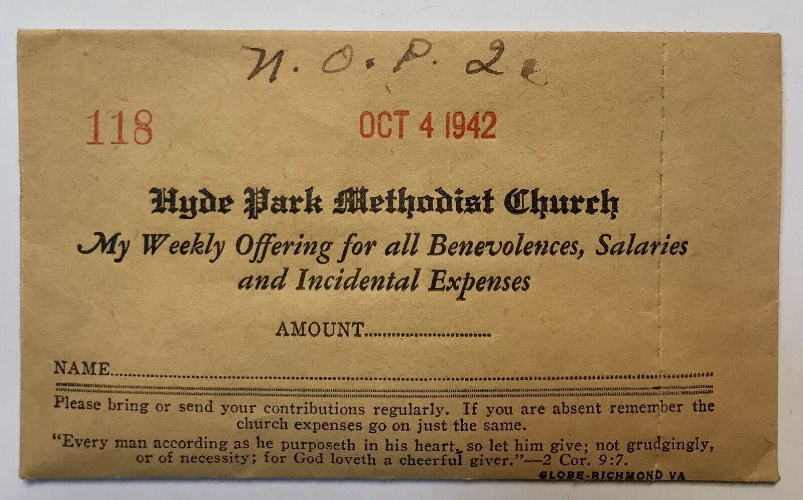 Richmond VA Hyde Park Methodist Church Offering Envelope 1942 Vintage