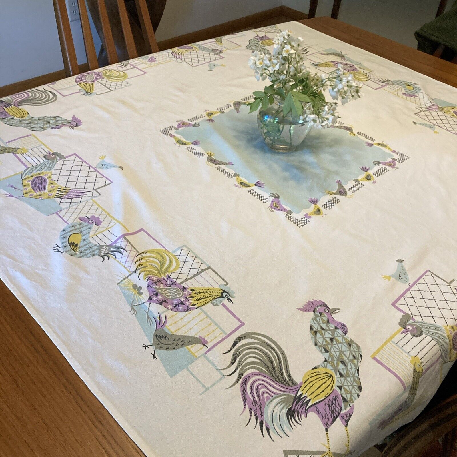 vintage 50s whimsical rooster tablecloth 47 x 62, summer colors