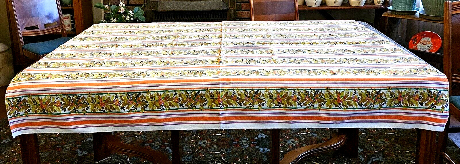 Vtg MCM Christmas Fall Tablecloth Homemade 52 x 58 Orange Stripes Leaves Berries