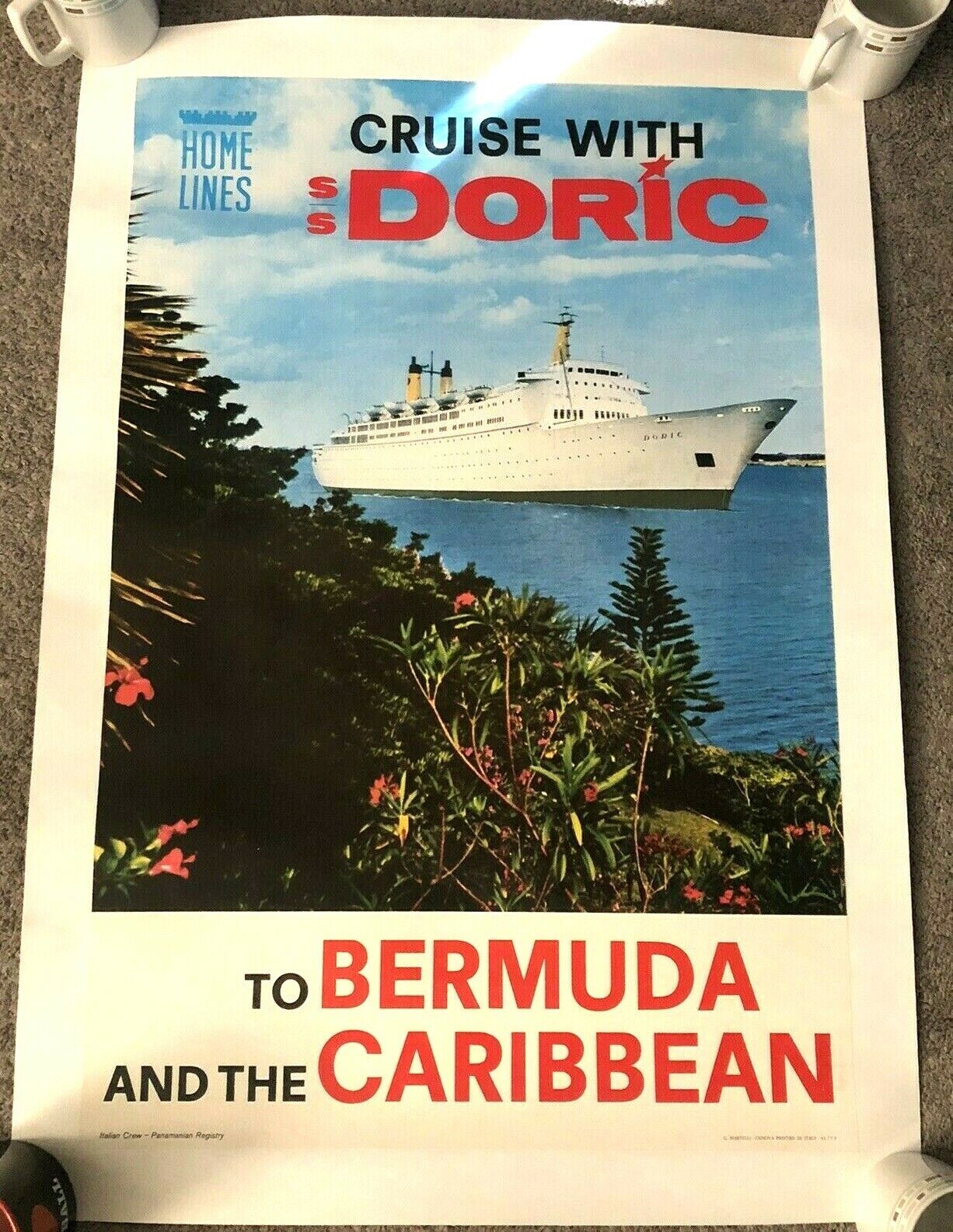 Original Cruise Line Poster Home Lines SS Doric Ship Bermuda Caribbean Vintage