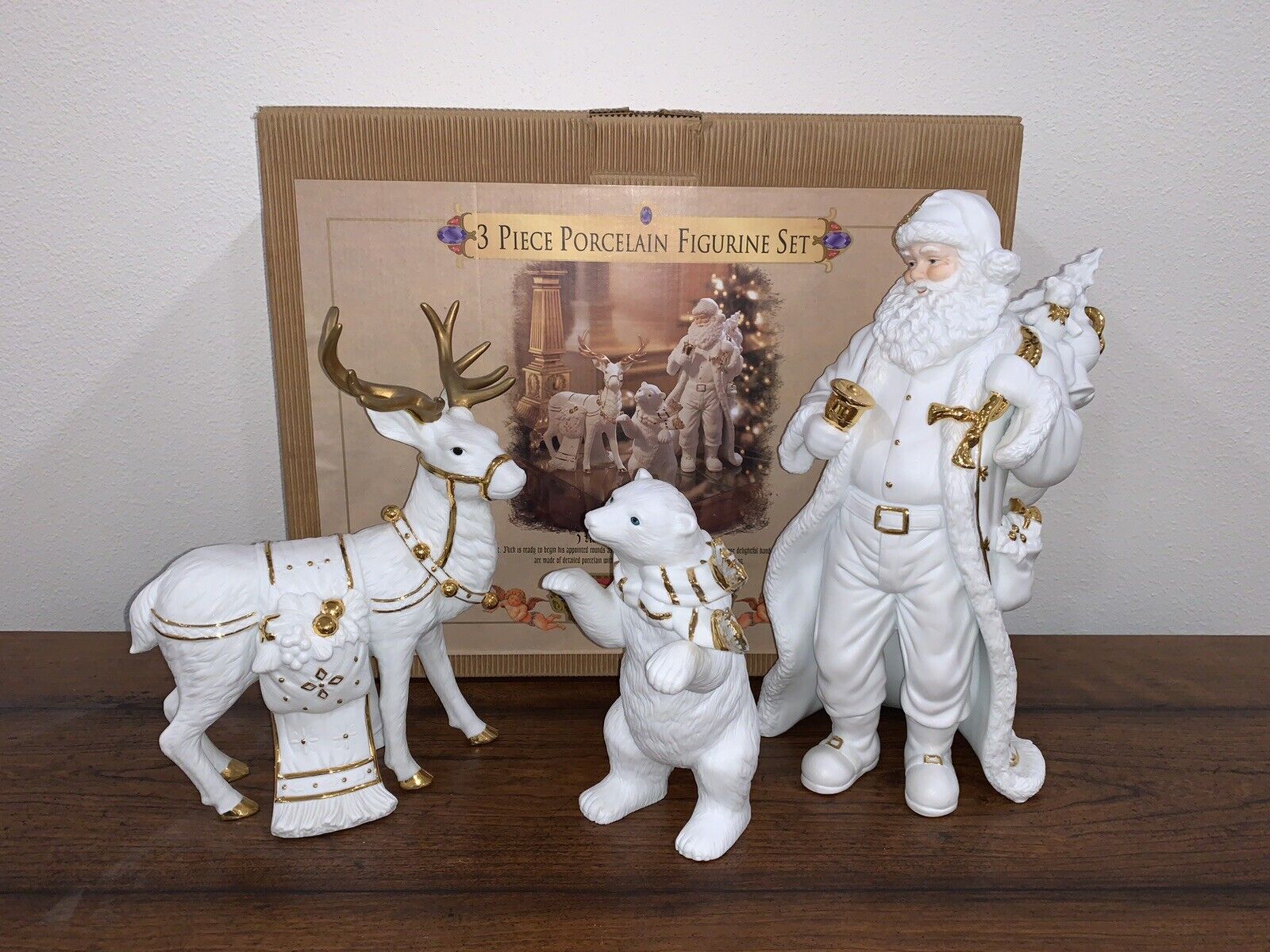 Grandeur Noel 3 Piece Porcelain Gold Trim Figurine Set 1999 Santa Bear Reindeer