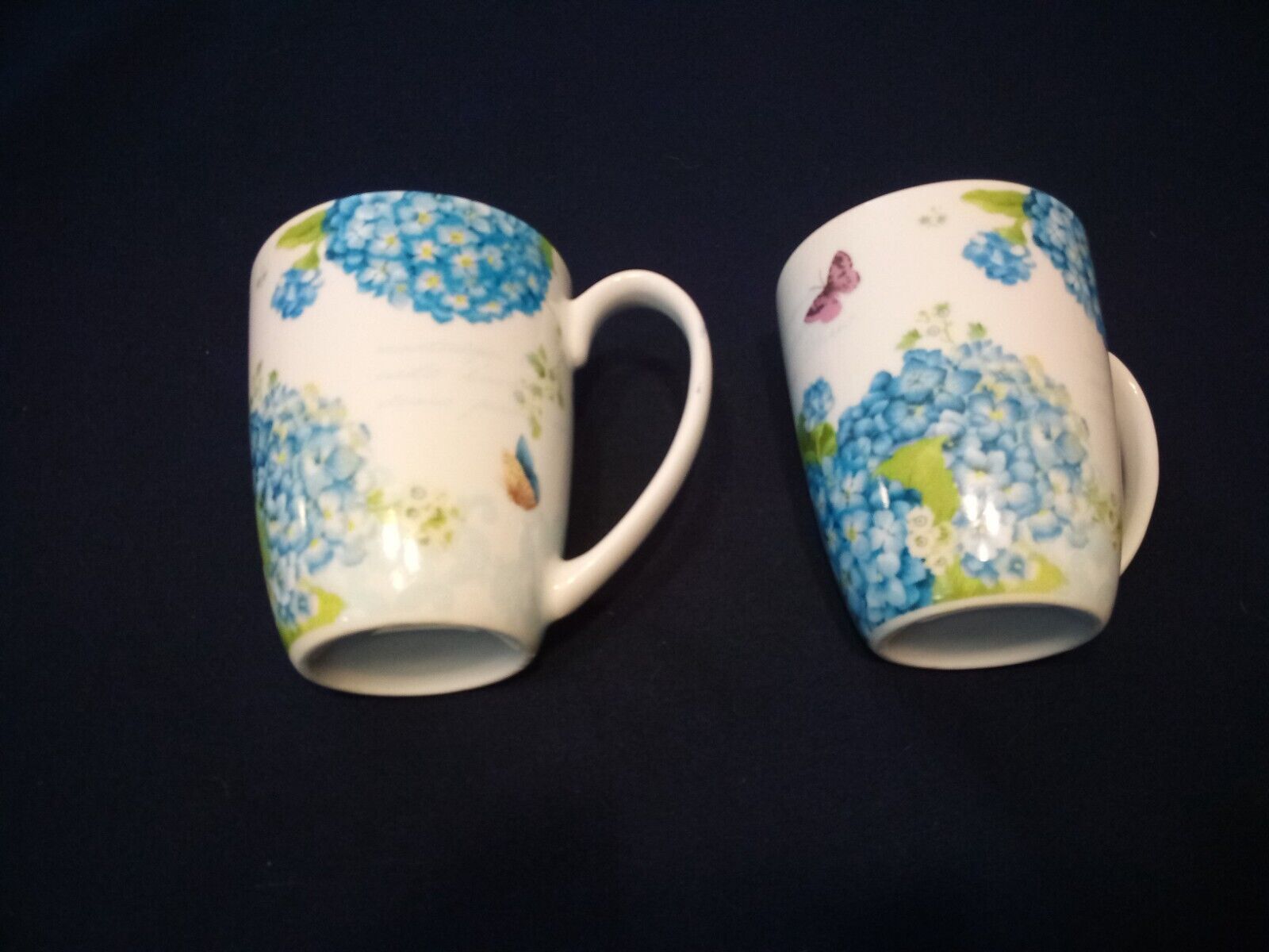Set of 2-Hydrangeas and Butterflies White Coffee Tea Cups Mugs  BEAUTIFUL EUC