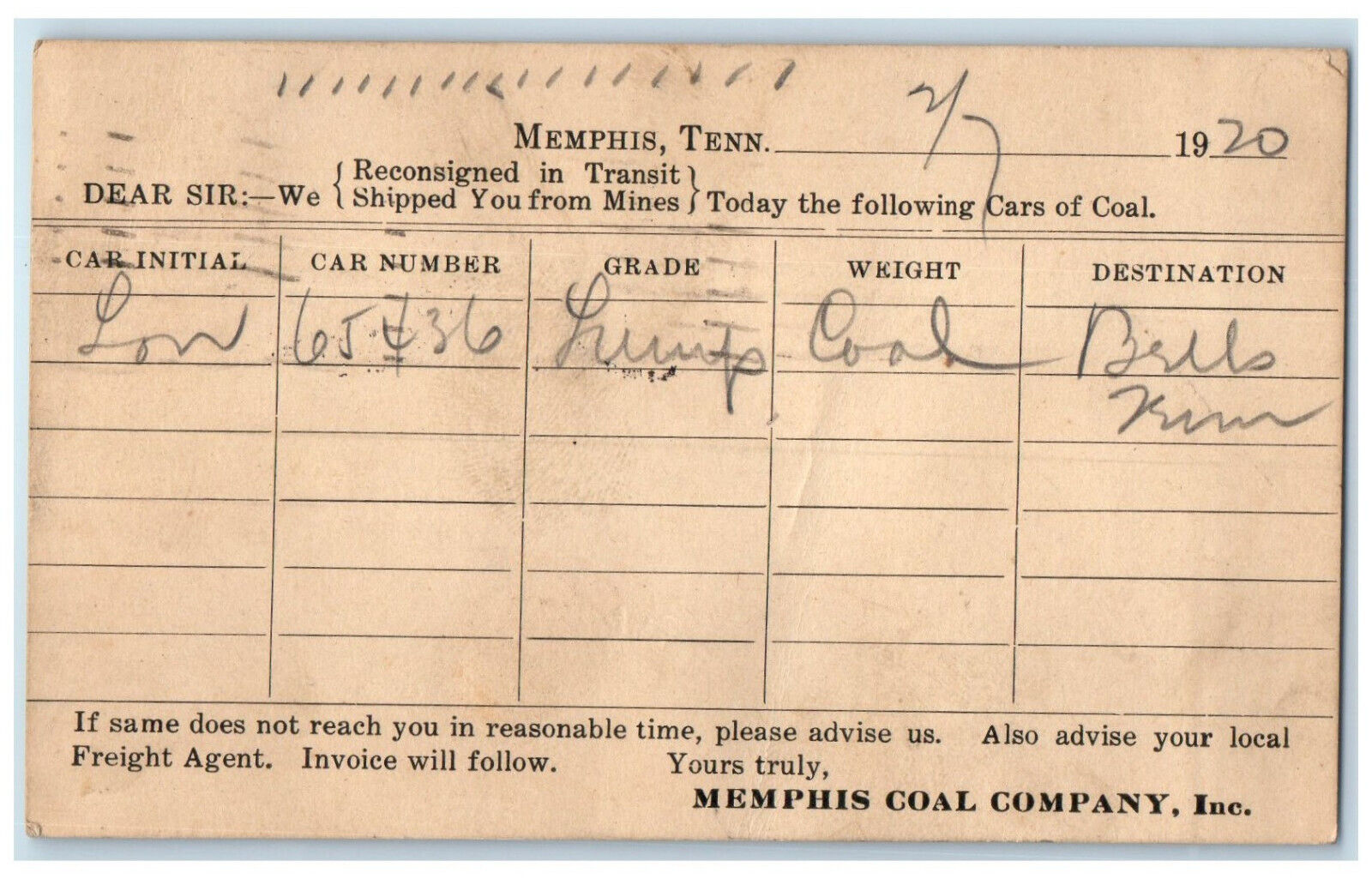 1920 Memphis Coal Company Inc. Memphis Tennessee TN Car Initial Lon Postcard