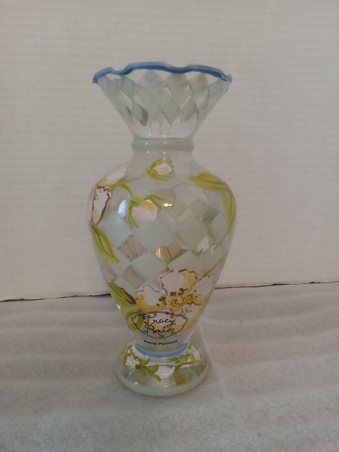 Tracy Porter Hand Painted Floral Bud Vase Ruffled Rim.