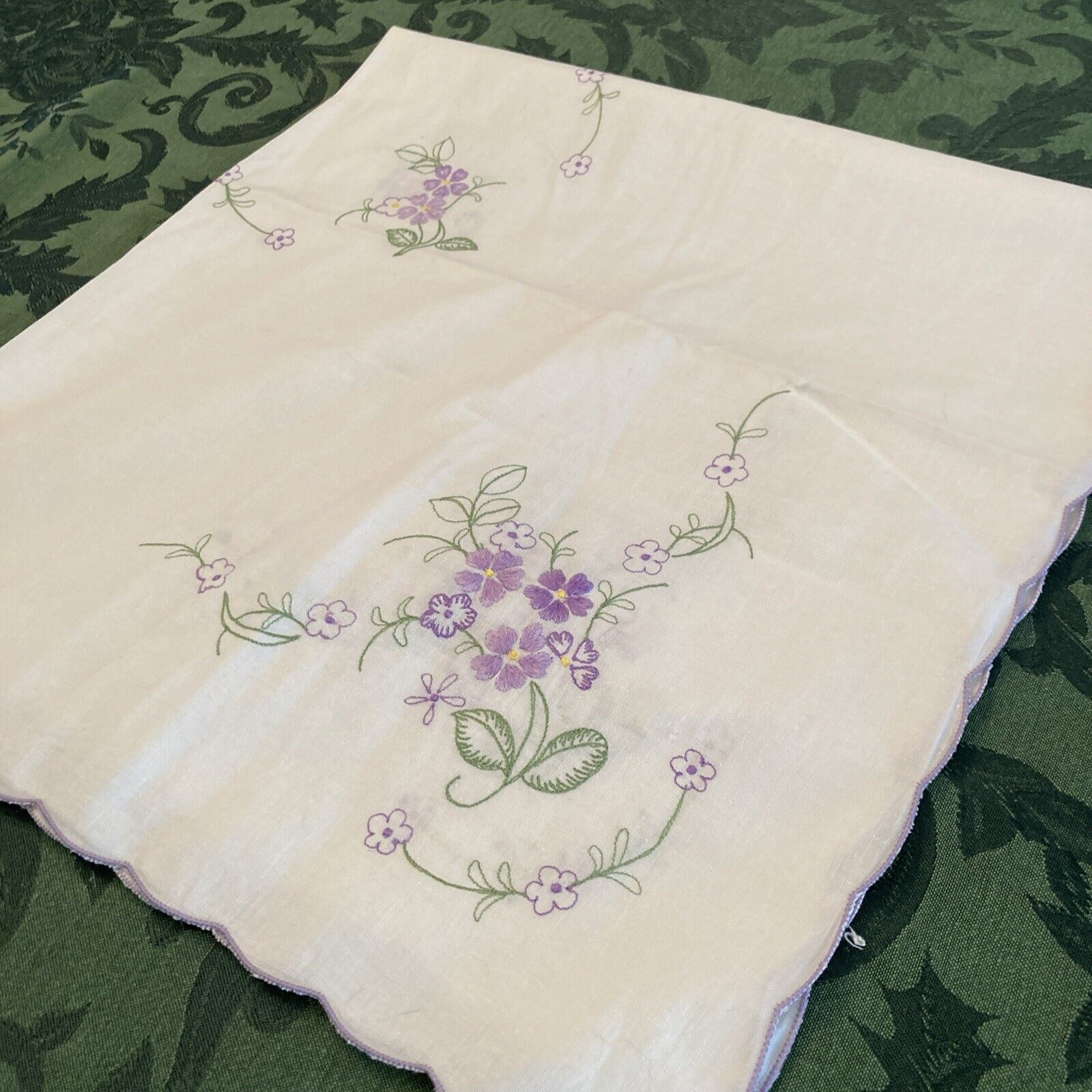 Vintage Table Linen With Beautiful Lavender Embroidered Flowers So Pretty 