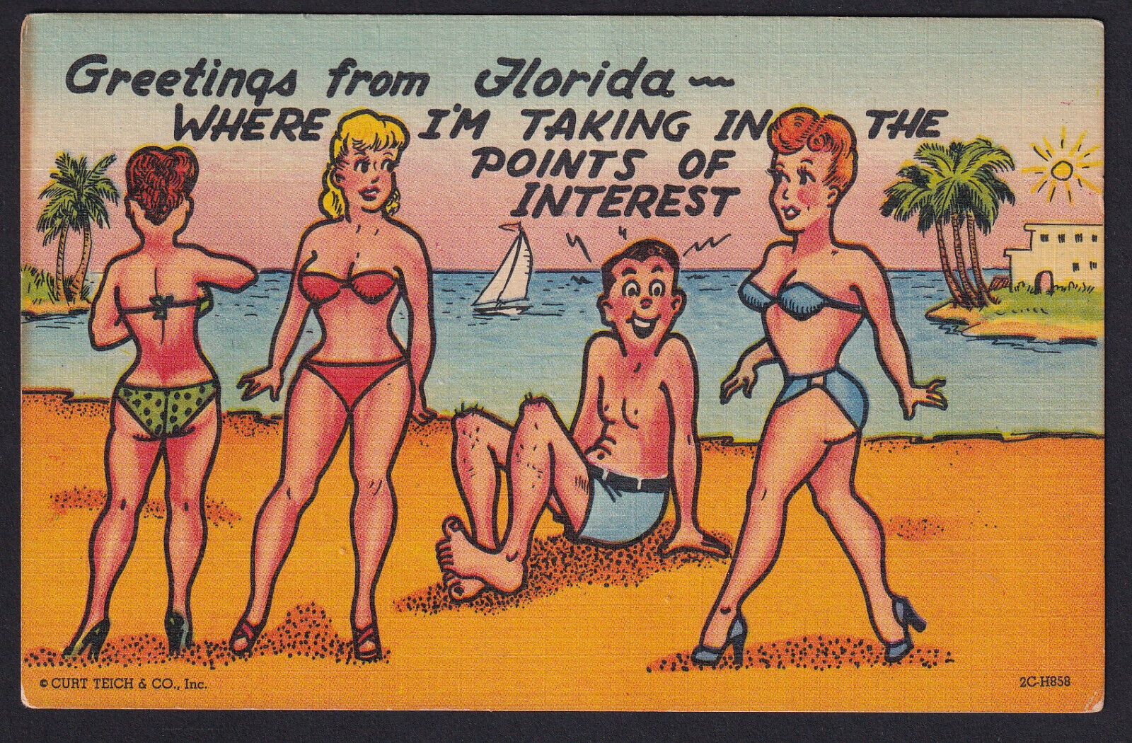 Florida-Greetings-Comic Humor-Women Beach Bikini-Vintage Linen Postcard-Curteich