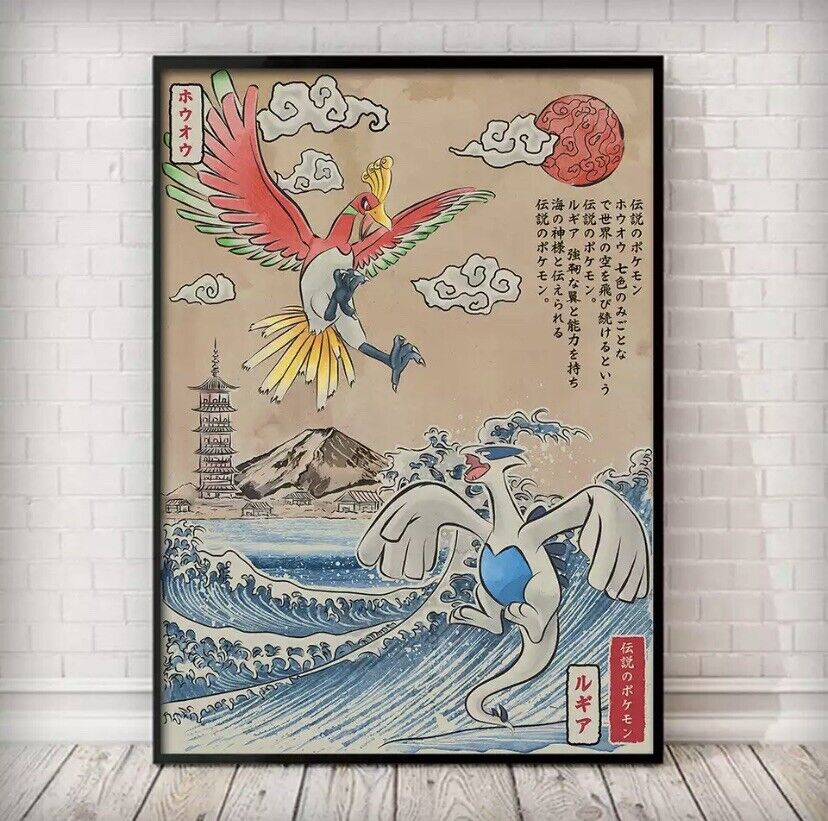 12x18in Wrapped Canvas Anime Pokemon Gold Version vs Silver Version Ho-oh Lugia 