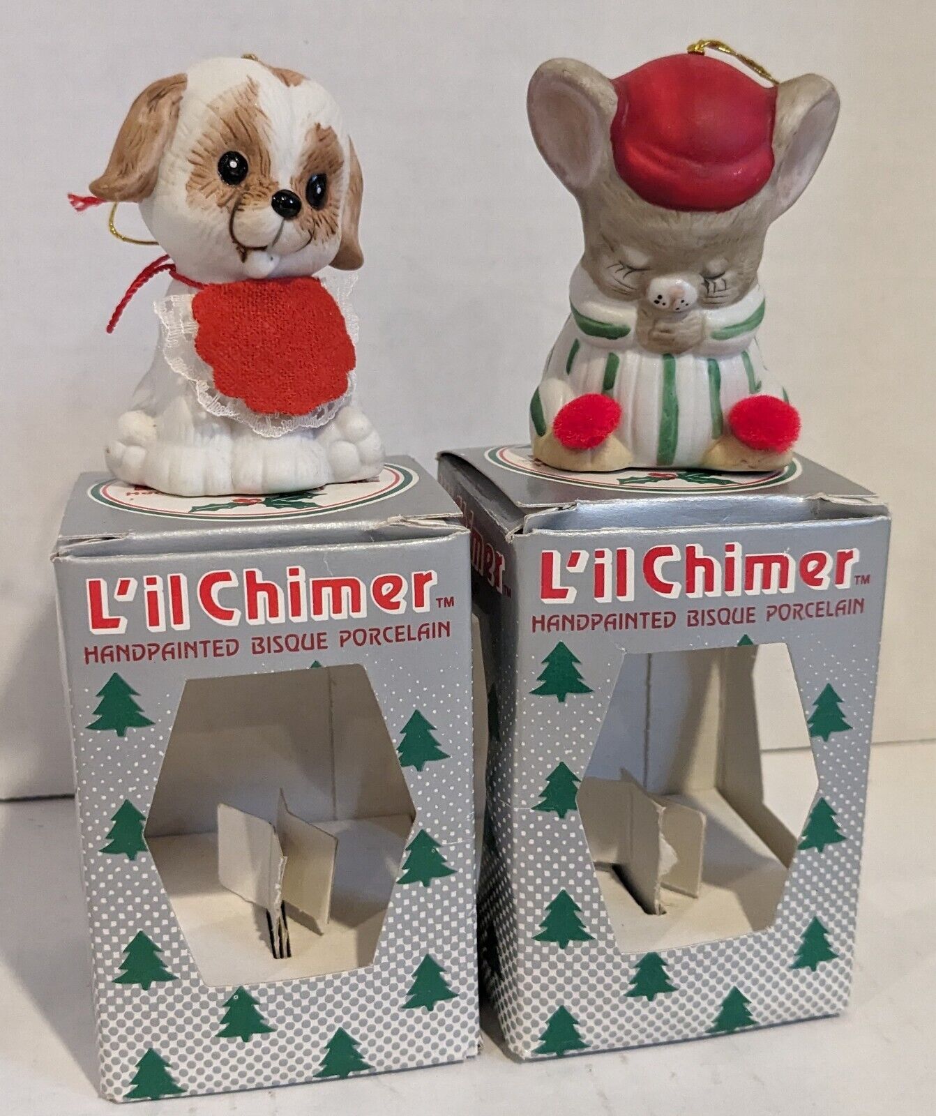  2 Vtg L'il Chimer Bisque Porcelain  Christmas Ornament Bell Puppy & Mouse NOS