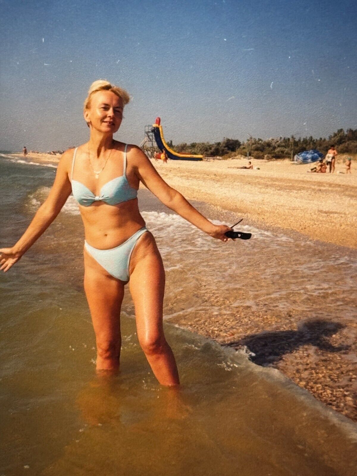 2000s Vintage Photo Beach Slender Young Happy Blonde Woman Bikini Posing on Sea