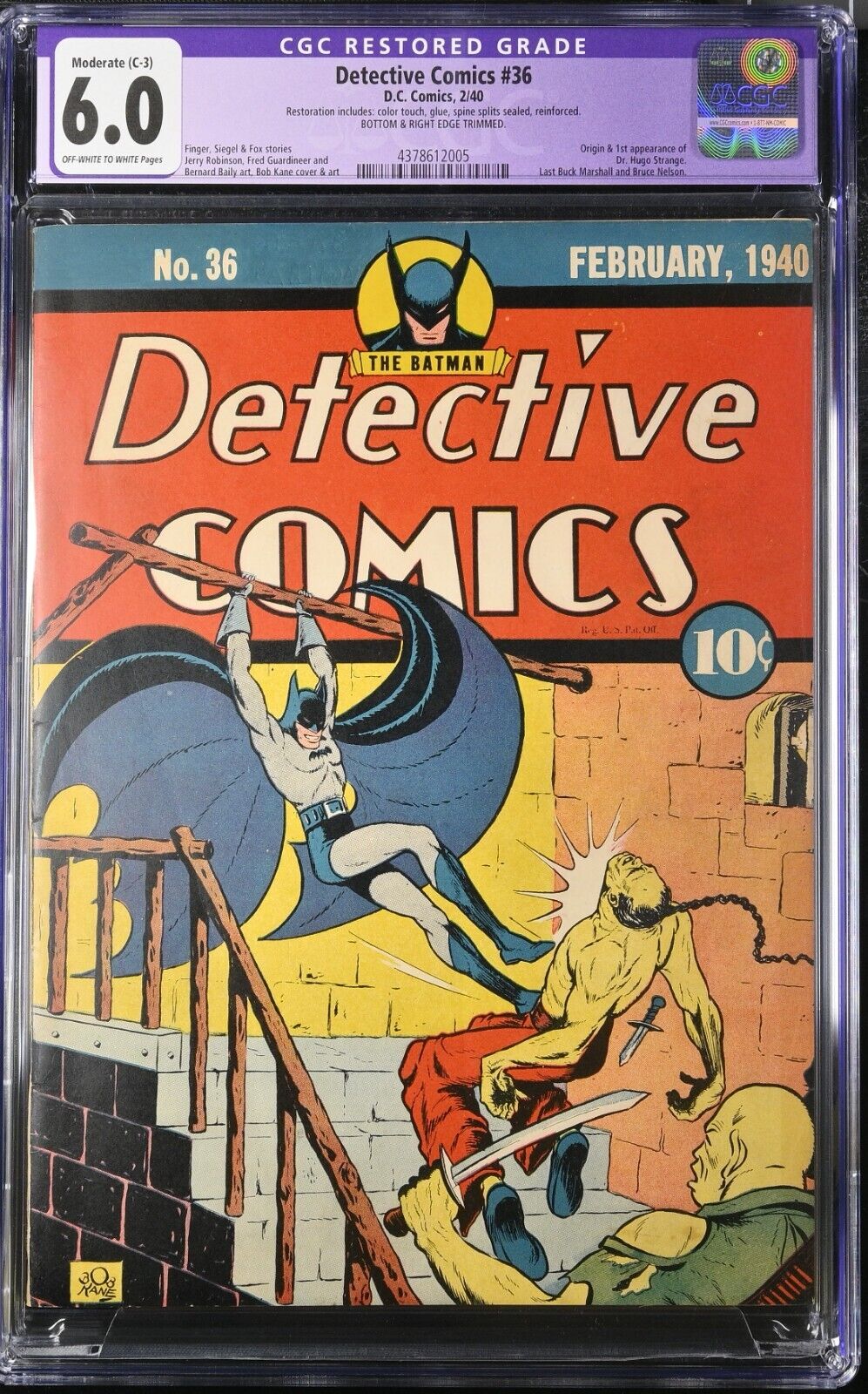 Detective Comics 36 CGC 6.0 C-3 Origin & 1st appearance of Dr. Hugo Strange 1940