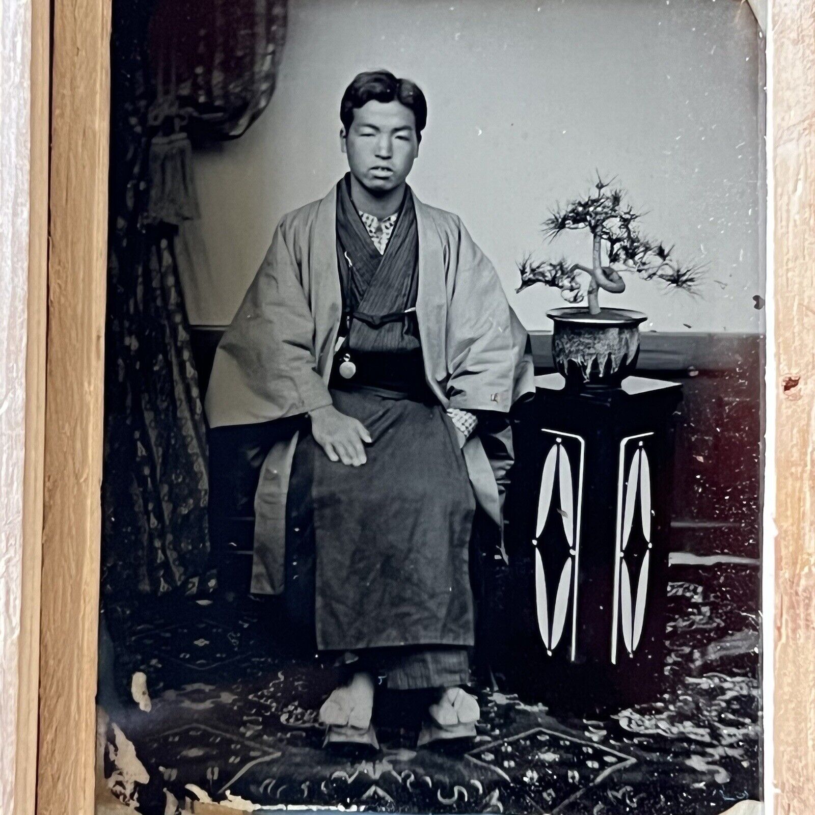 Antique Ambrotype Photograph Handsome Young Japanese Man Wood Case Menji Period
