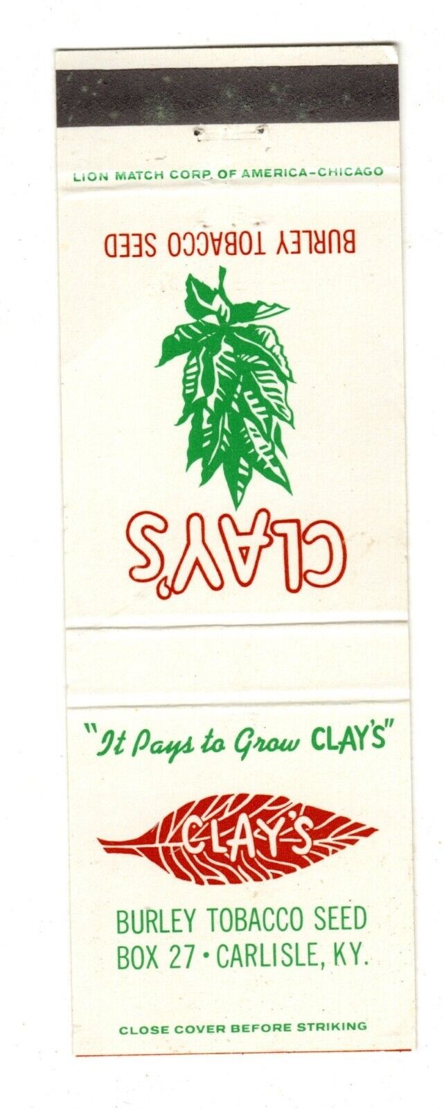 CLAY\'S BURLEY TOBACCO SEED matchbook matchcover - CARLISLE, KENTUCKY