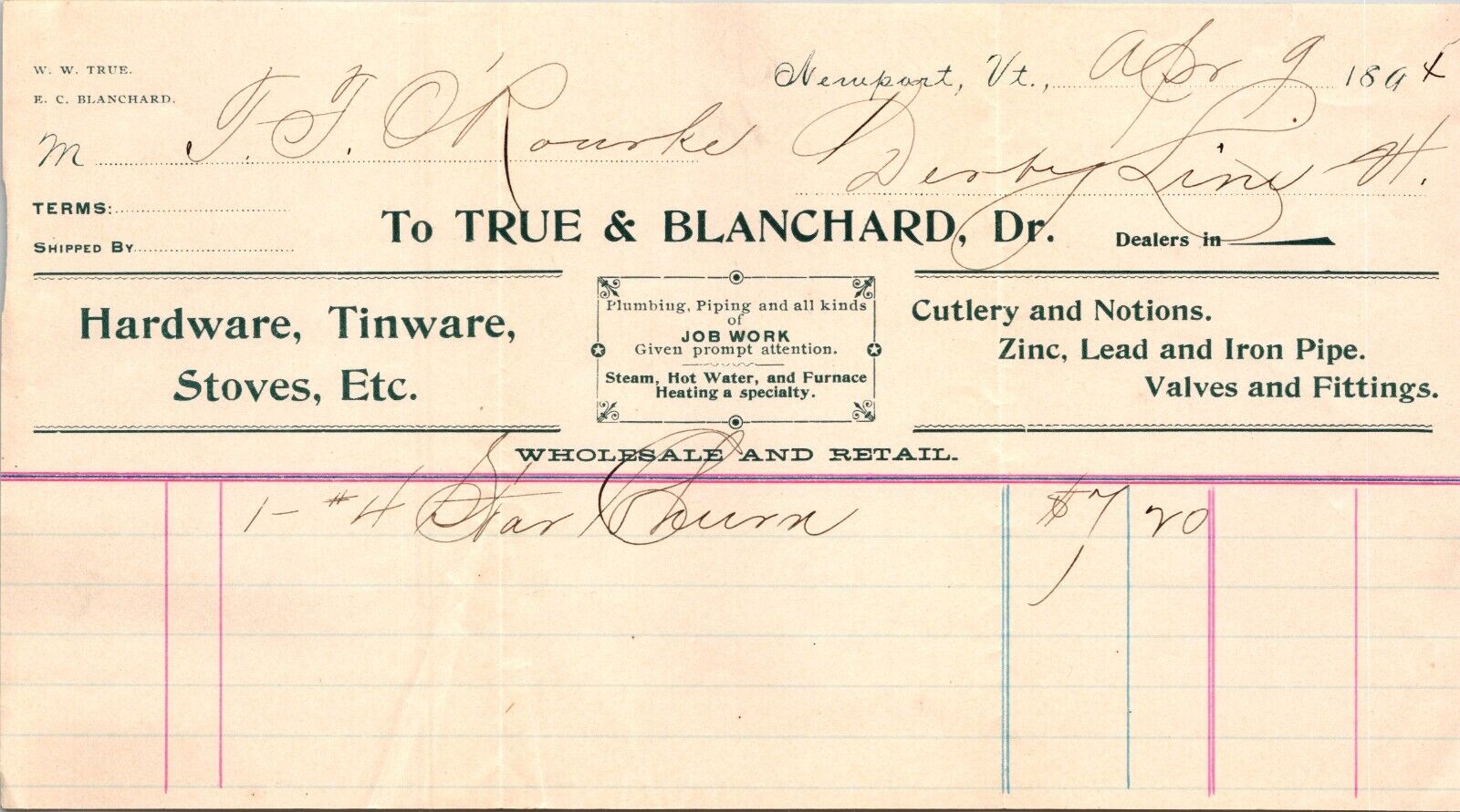 True & Blanchard Newport VT 1894 Billhead Hardware Tinware