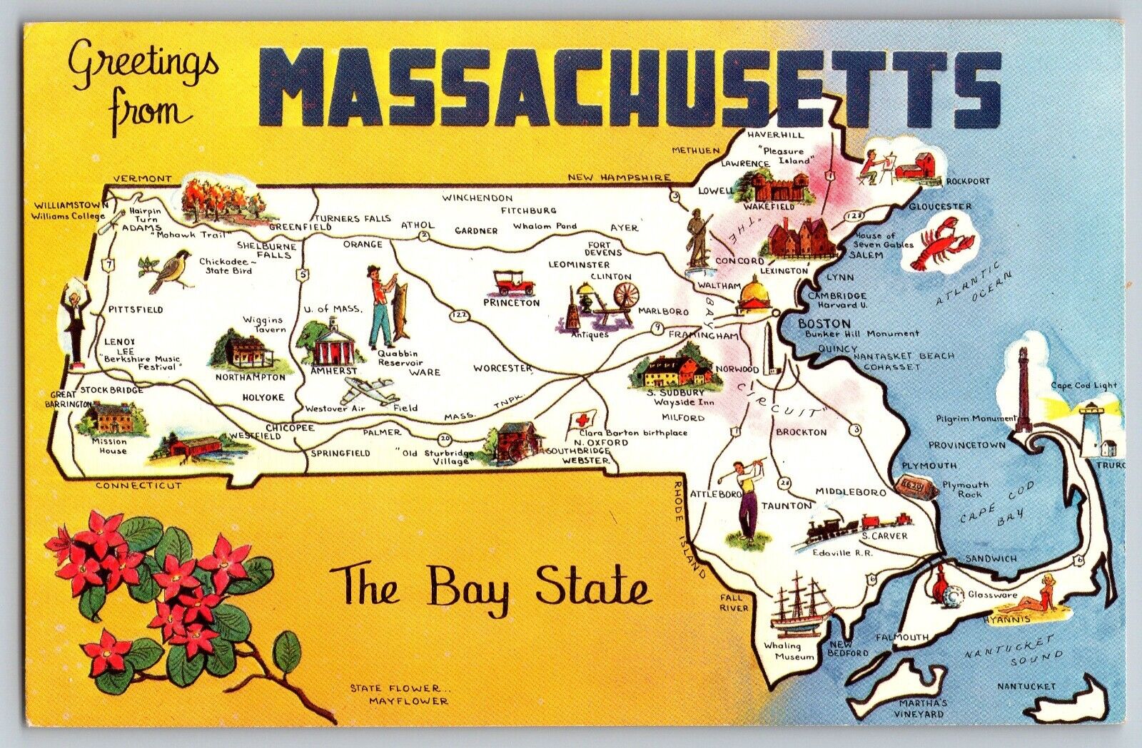 Massachusetts MA - Greetings - The Bay State, Old Colony - Vintage Postcard