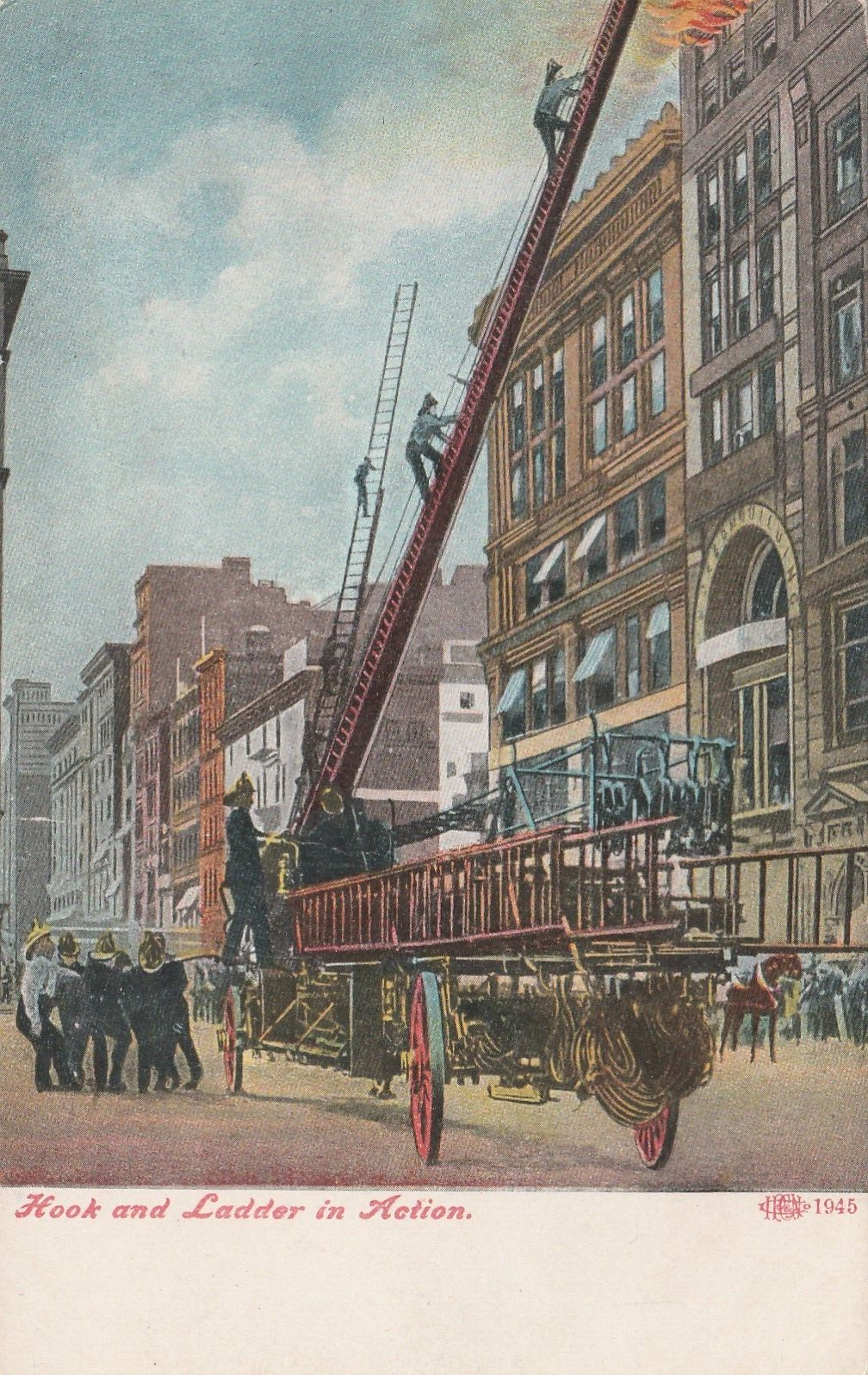Fire Department postcard c1907 Hook and Ladder in Action, creased