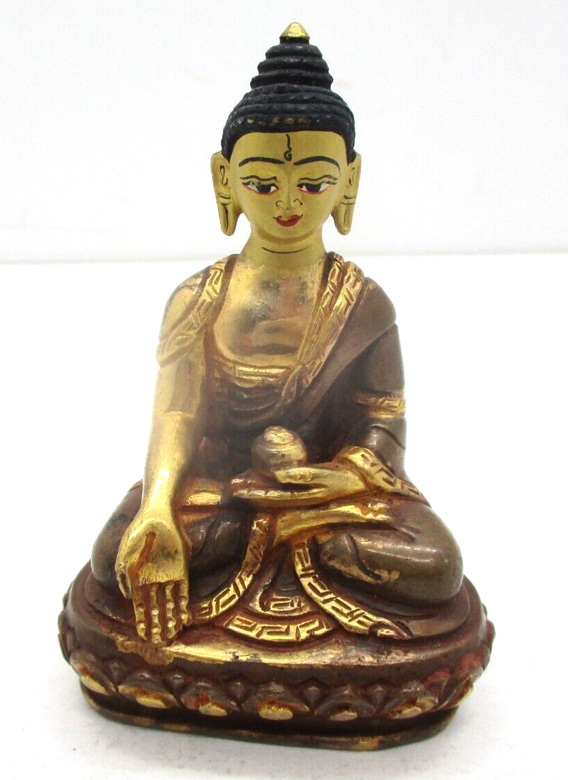 Vintage Meditating Metal Cast Buddha Handpainted Ornate