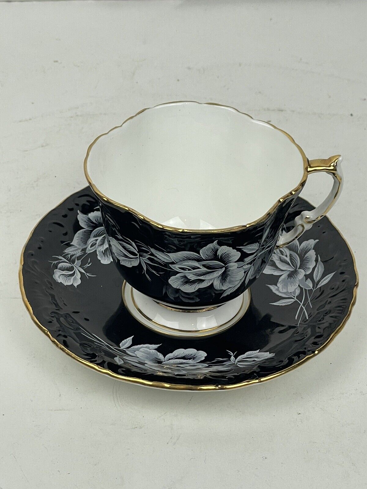 Vintage Aynsley Cup Saucer England Bone China Black White Flowers Gold Trim
