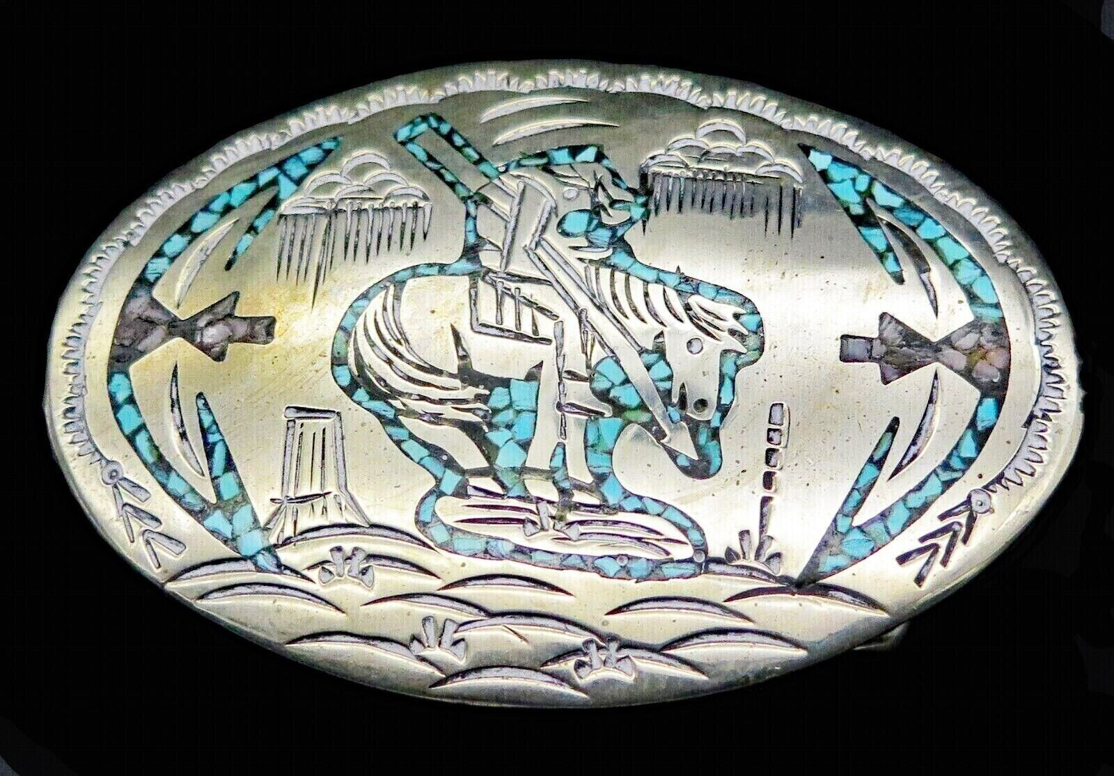 End Of The Trail Indian Turquoise Inlay Southwest Signed SD Vintage Belt Buckle