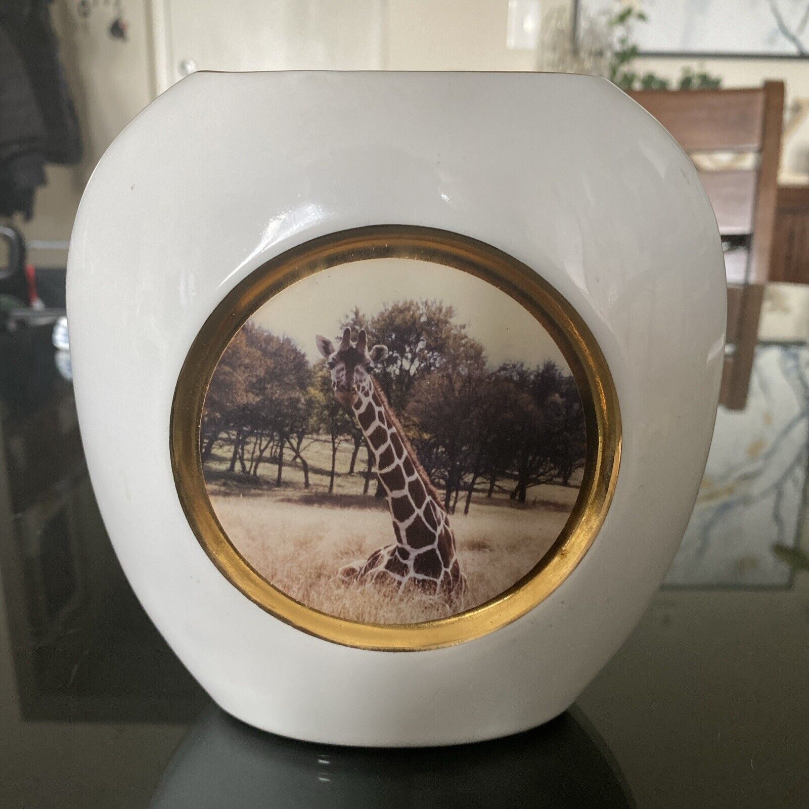 Porcelain Gold Foil Giraffe Vase. Italy 6.5” H & D. 2” Width. Giraffe Lovers