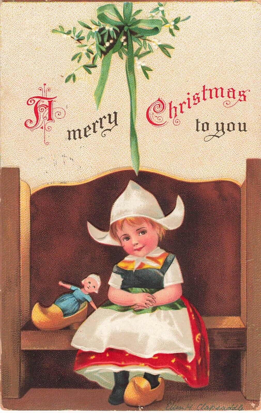 Clapsaddle Christmas Postcard Sitting Dutch Girl  Artist Signed PM 1907 U7