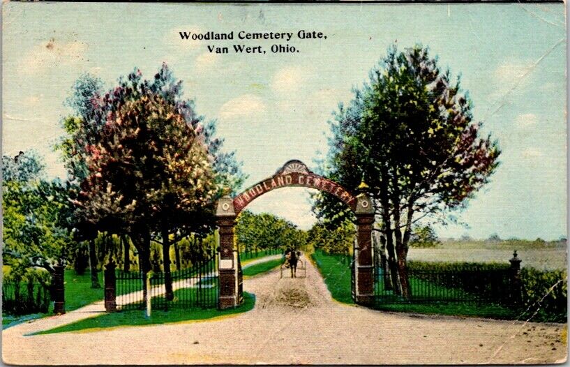 Vintage Postcard Woodland Cemetery Entrance Gate Van Wert Ohio OH 1912      V719