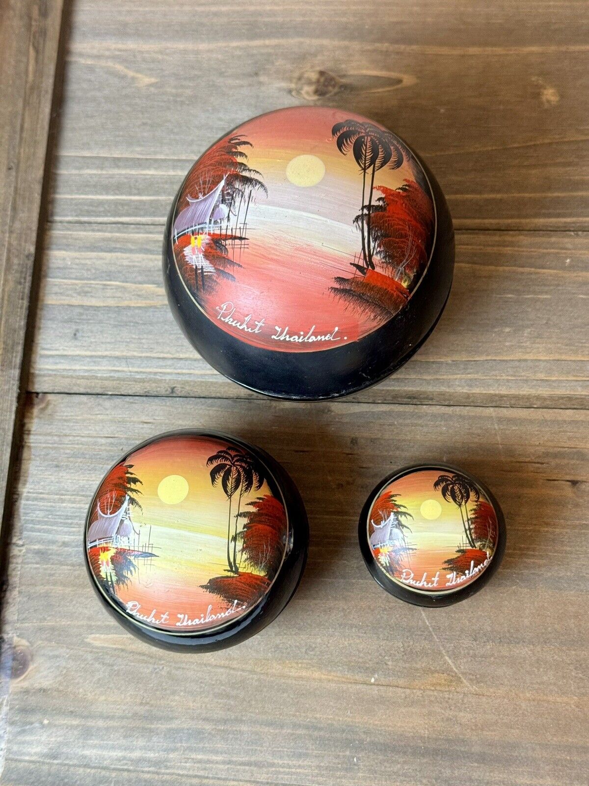 Vintage Trinket Boxes 3 Nesting Lacquered Wood Hand Painted Made In Thailand