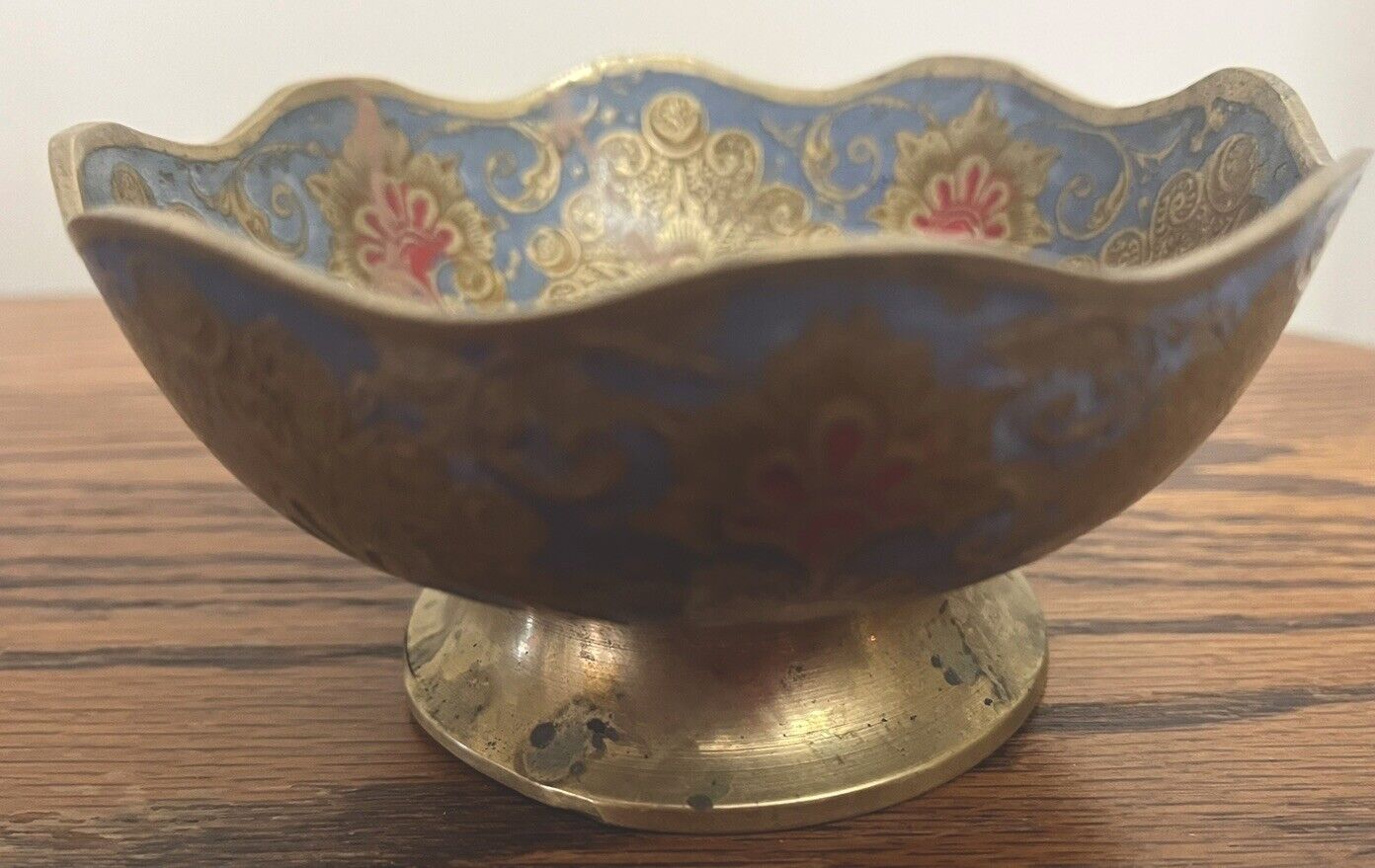 Vintage Indian brass footed bowl, Midcentury pedestal painted serving bowl