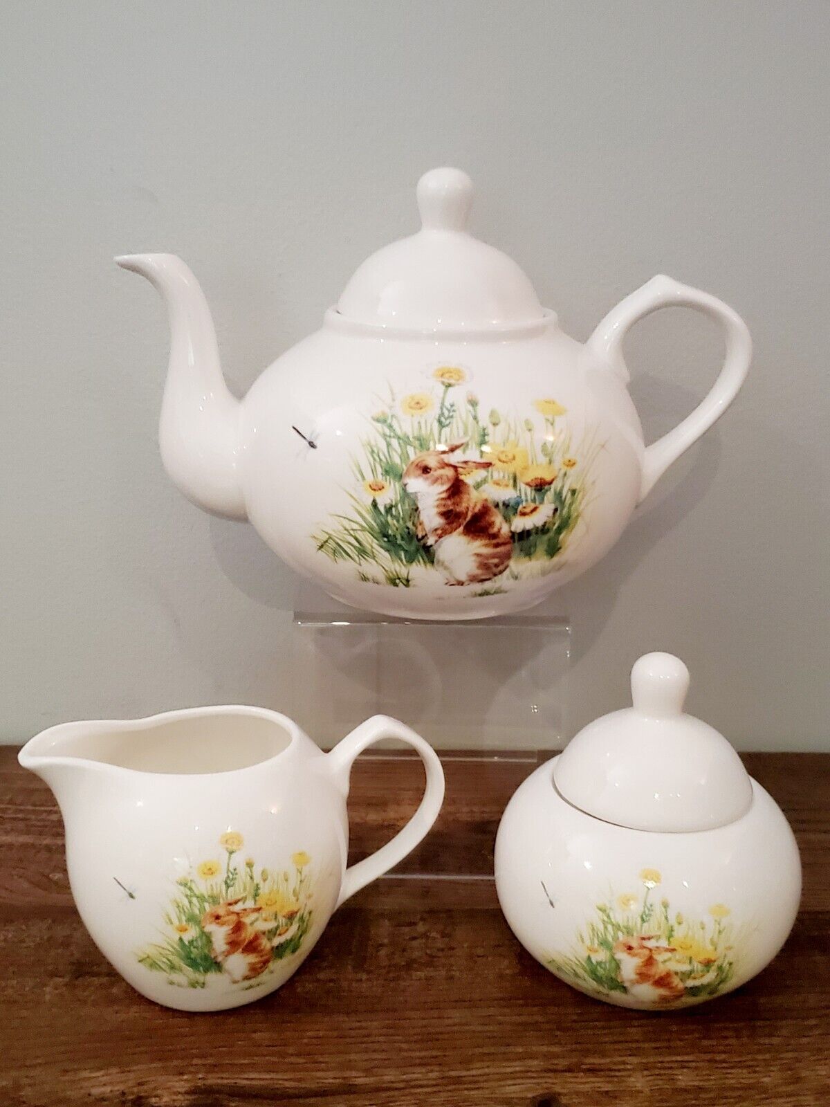Grace’s Teaware Spring Bunny Floral Teapot Creamer And Sugar Set 3pc