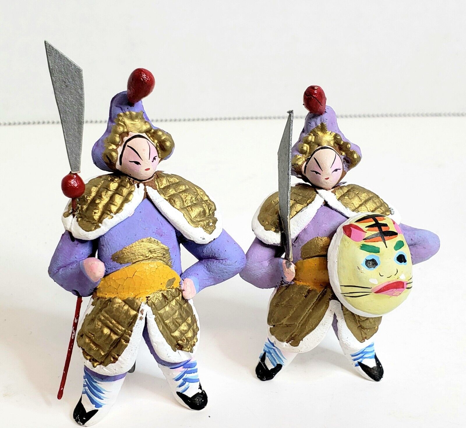 Vintage Pair of Japanese Clay Samurai Soldiers Handmade and Painted 3.25\