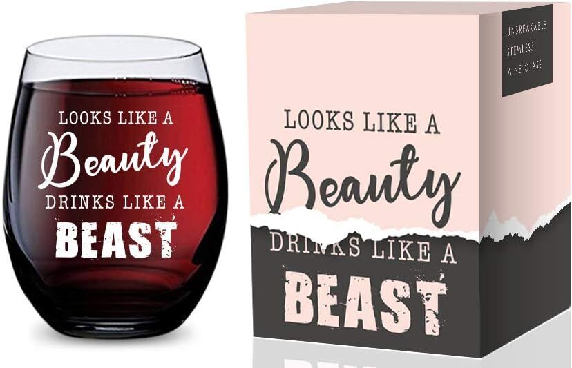 GSM Brands Stemless Wine Glass (Looks Like a Beauty Drinks A Beast 