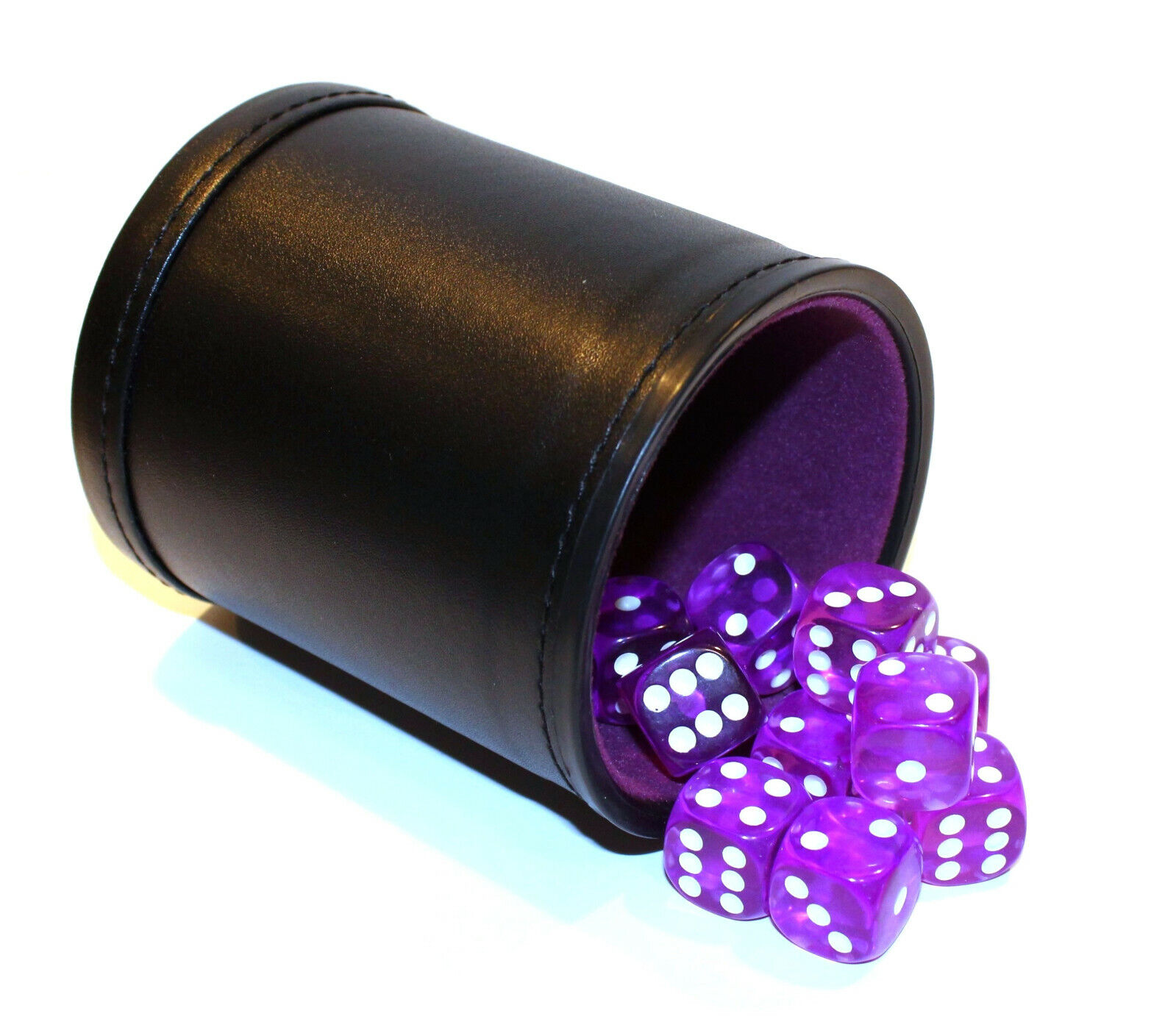 Bicast Leather Dice Cup Felt Lining & 12 Rounded Corner Game Dice - Purple