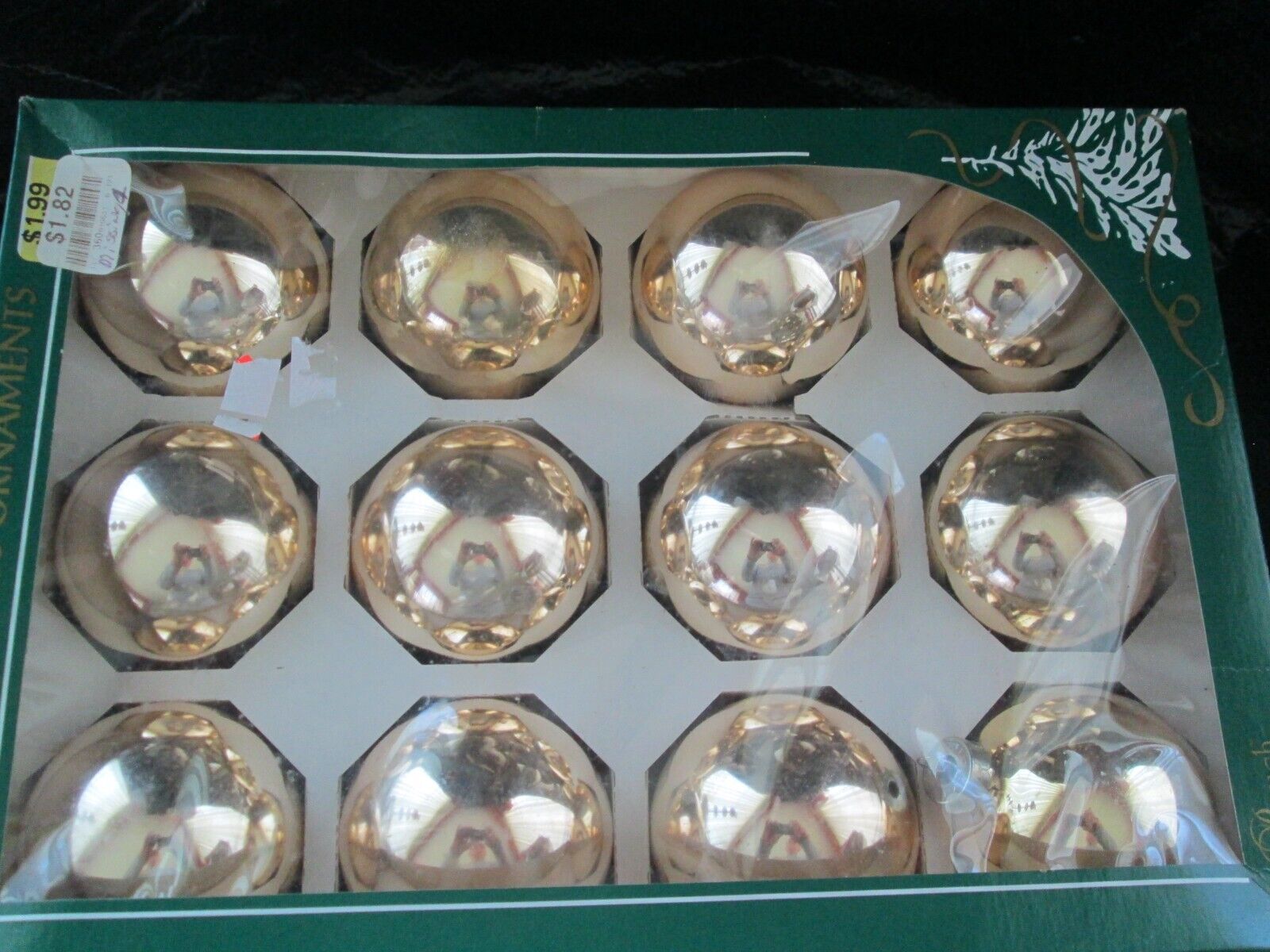 12 Gold Glass XMAS Tree Ornaments(Rauch Ind.) / NOS IOB/some box issues.see pic)
