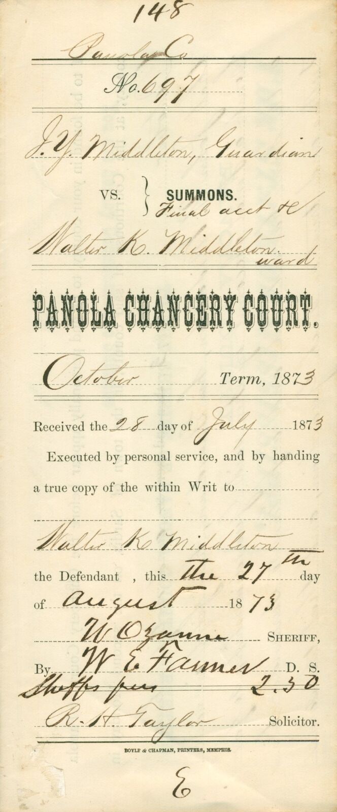 1873 Panola County MS Sheriff Court Summons Court Document Guardian Middleton 