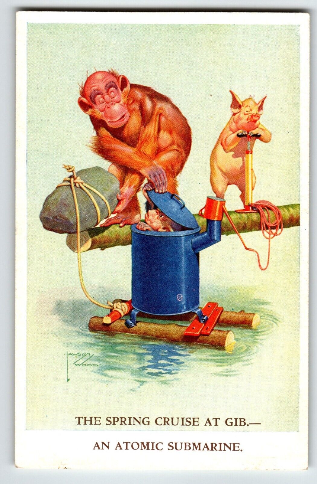 Monkey Chimp Pig Submarine Postcard Larson Wood Signed Fantasy Anthropomorphic