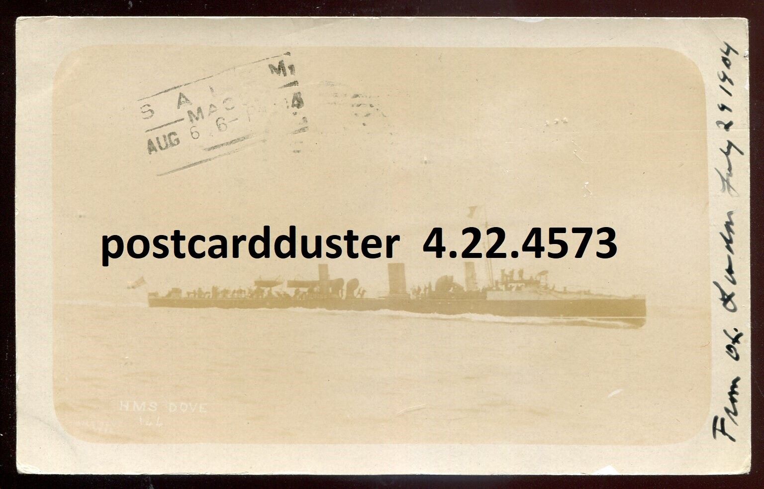 BRITISH NAVY 1904 HMS DOVE Destroyer. Real Photo Postcard