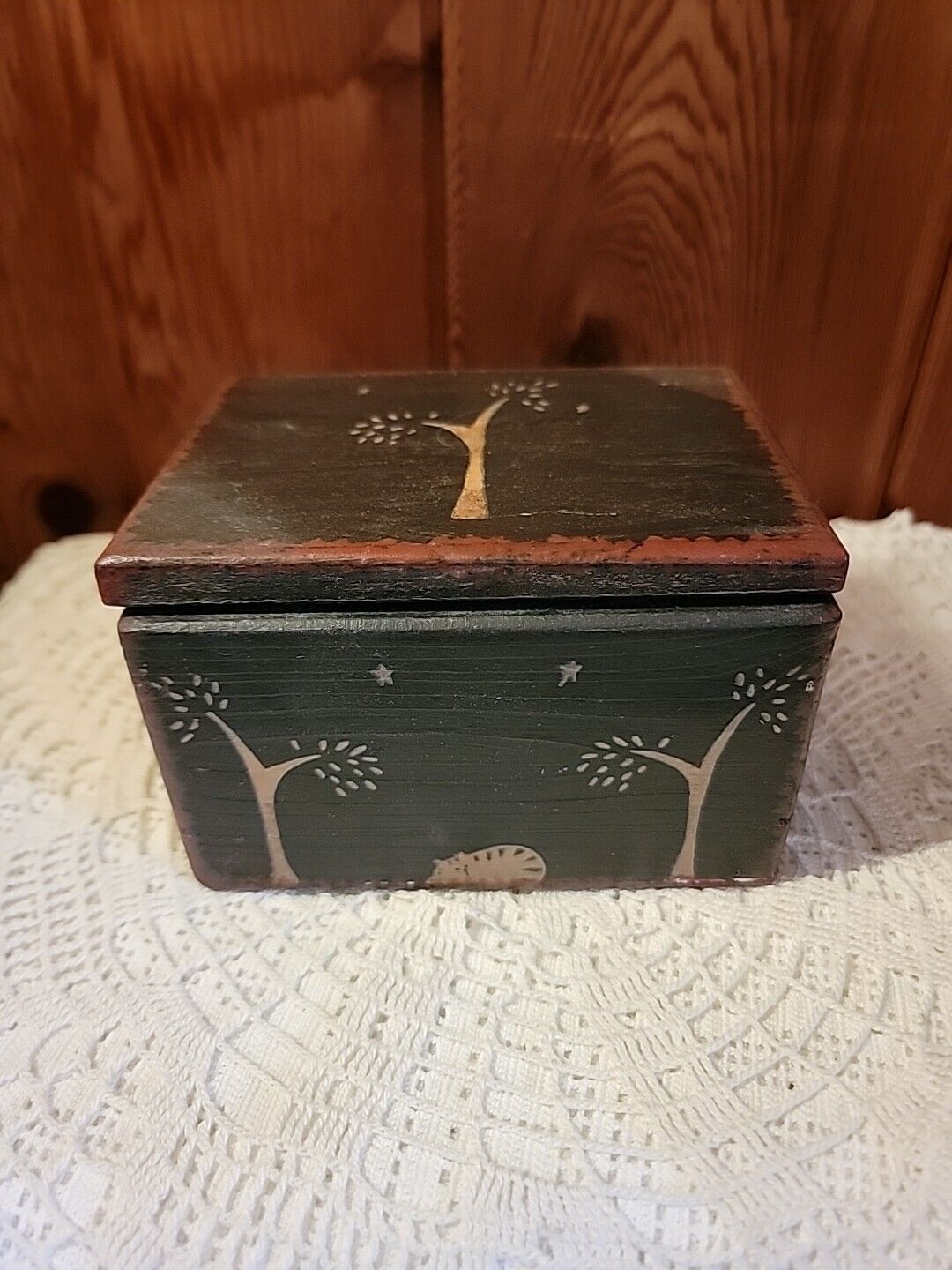 Vintage Hand-Painted Wood Box Leather Hinges B Altmans & Co NY with gift box