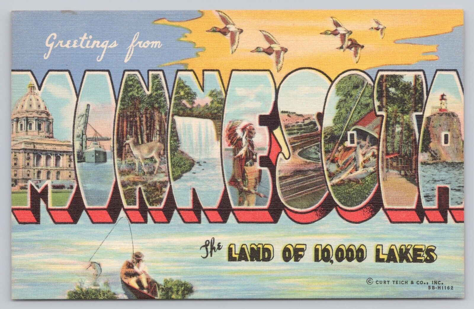 Minnesota, Large Letter Greetings, Fishing 10,000 Lakes, Vintage Postcard
