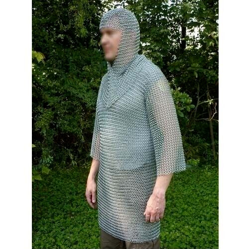 Butted Aluminium Chain Mail Shirt & Coif Set, Chainmail Haubergeon with Hood