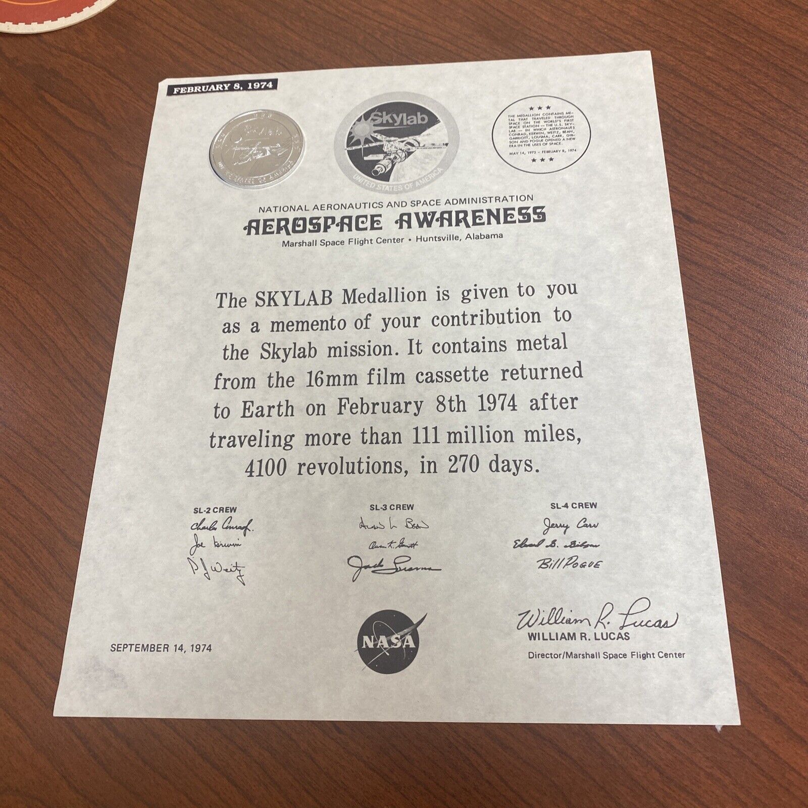 Vintage NASA 1974 Skylab Award
