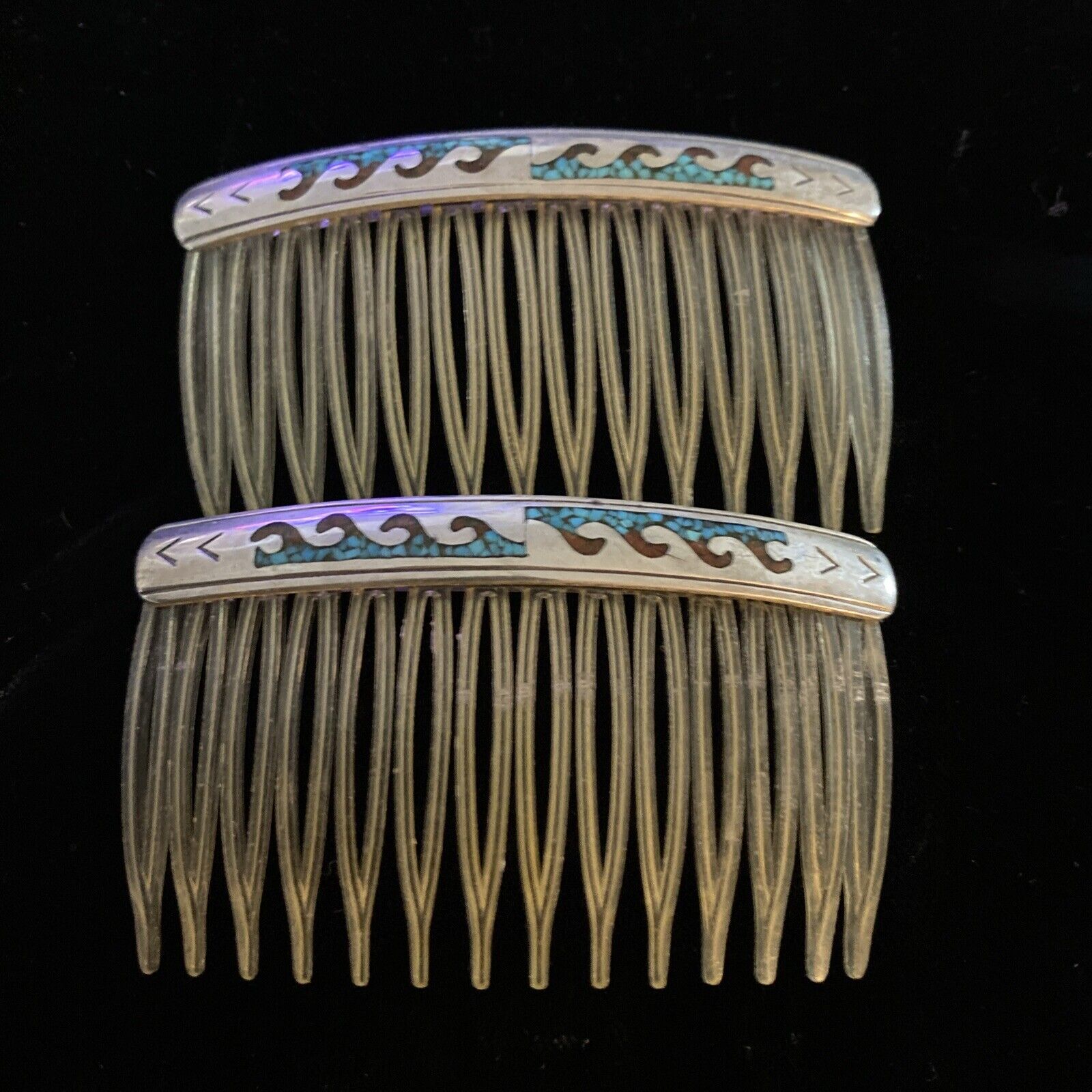 NAVAJO Pair  925 Sterling Silver - Vintage Turquoise Hair Combs LISTING MORE