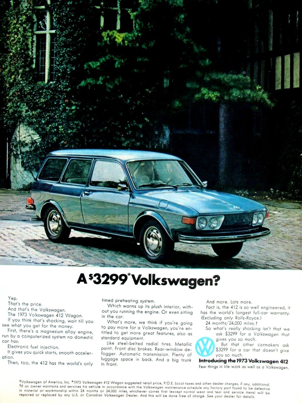 1973 Volkswagen 412 Vintage Wagon Vintage Blue Original Print 8.5 x 11\